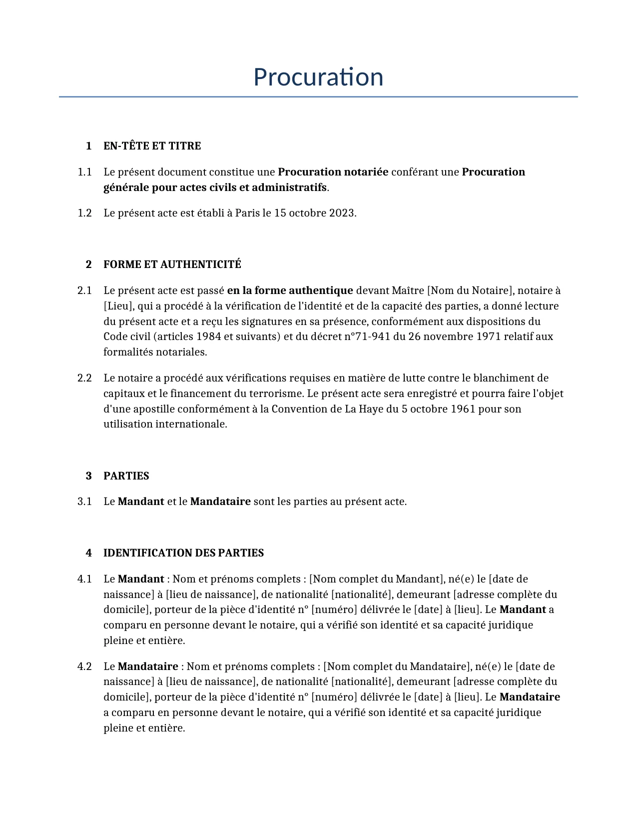 Exemple d'un Procuration à utiliser dans la France généré par notre modèle d'IA.