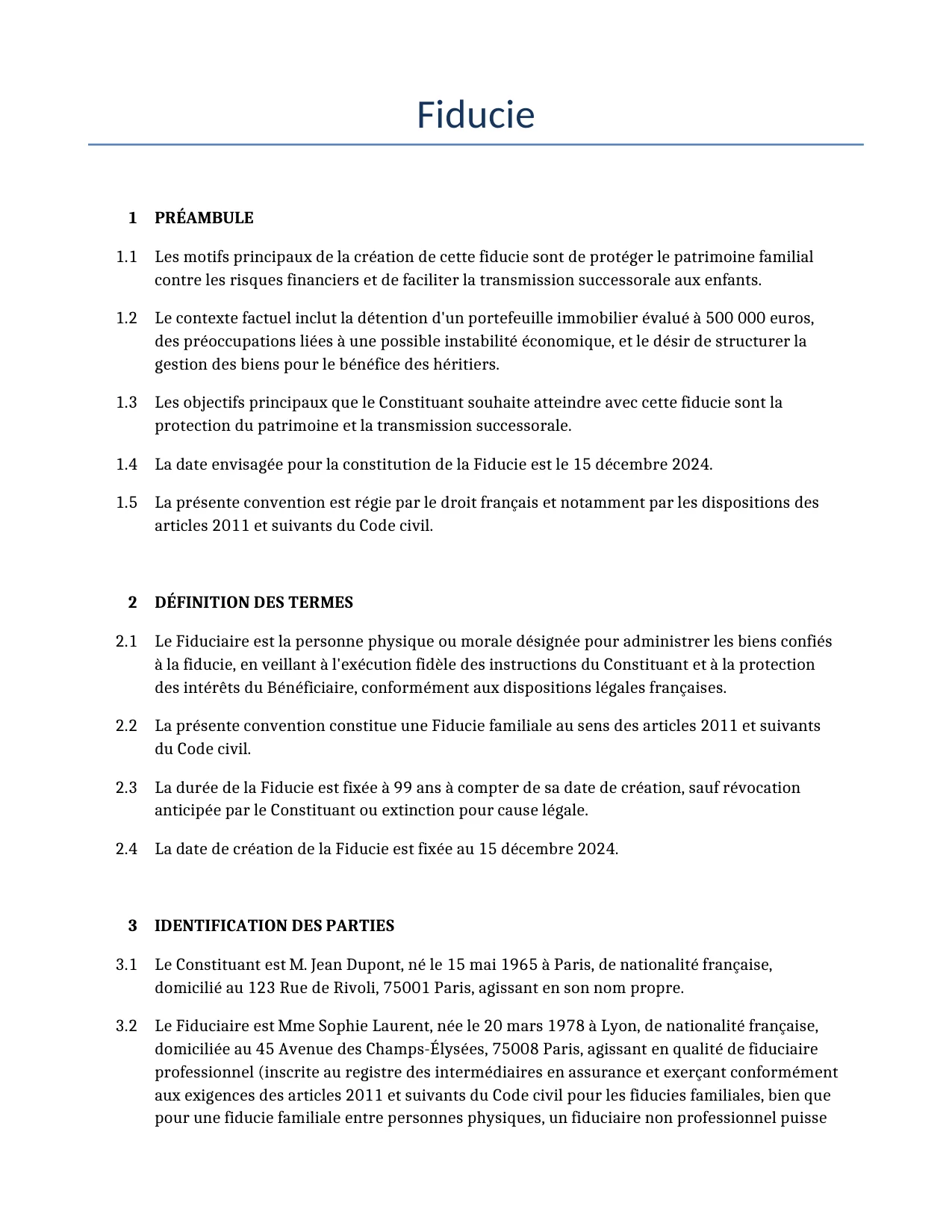 Exemple d'un Fiducie à utiliser dans la France généré par notre modèle d'IA.