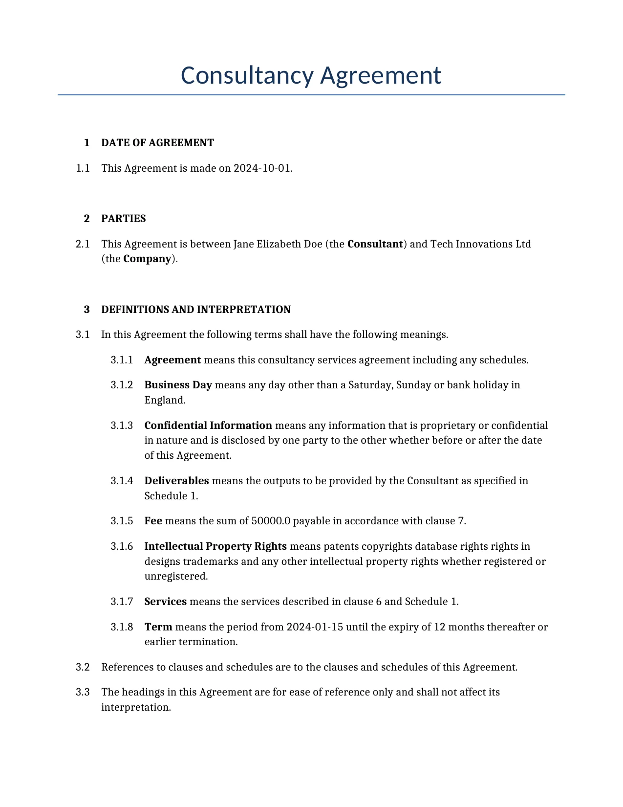Example of a Consultancy Agreement for use in the United Kingdom</b> generated by our AI model. 