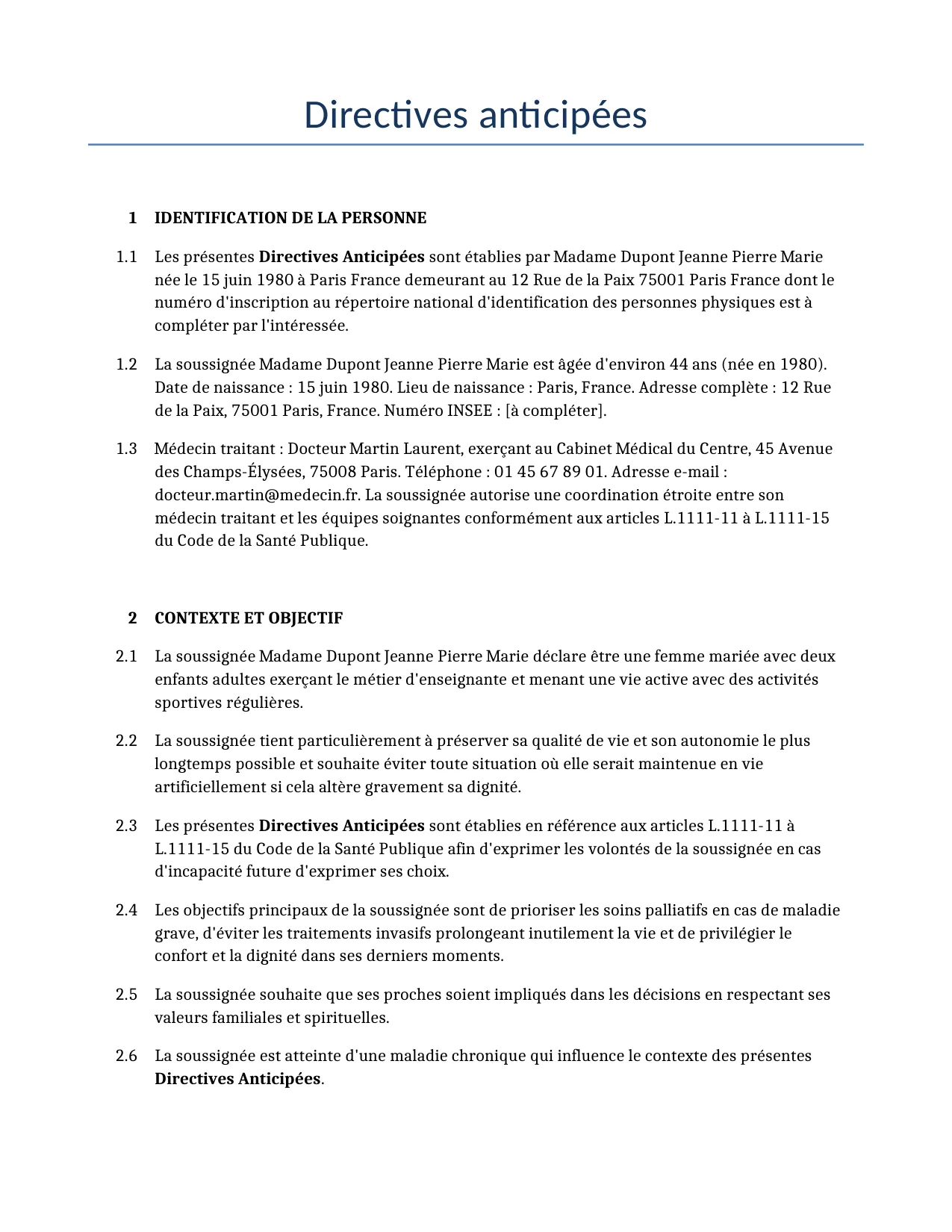 Exemple d'un Directives anticipées à utiliser dans la France généré par notre modèle d'IA.