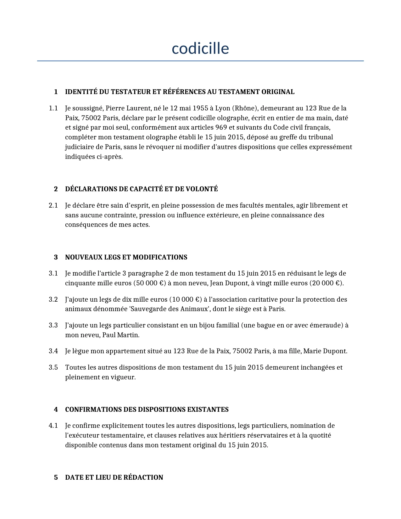 Exemple d'un codicille à utiliser dans la France généré par notre modèle d'IA.