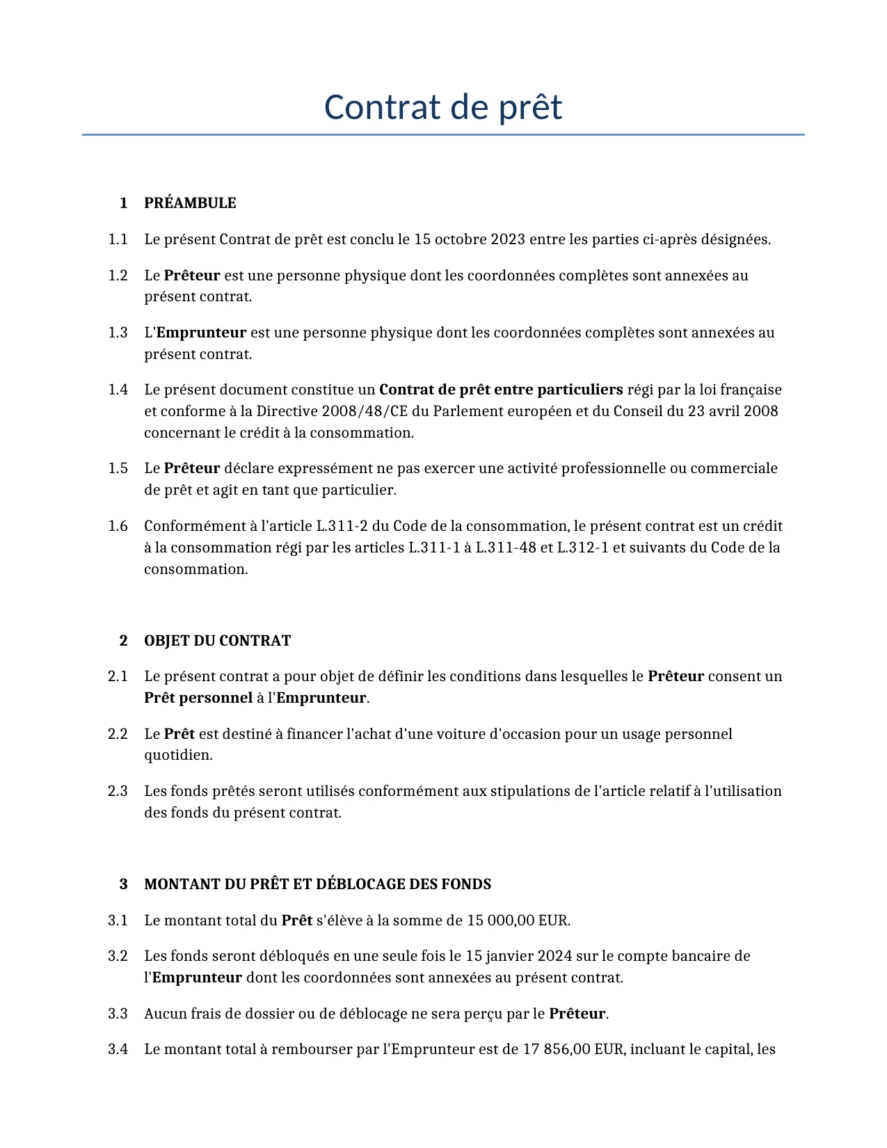 Exemple d'un Contrat de prêt à utiliser dans la France généré par notre modèle d'IA.