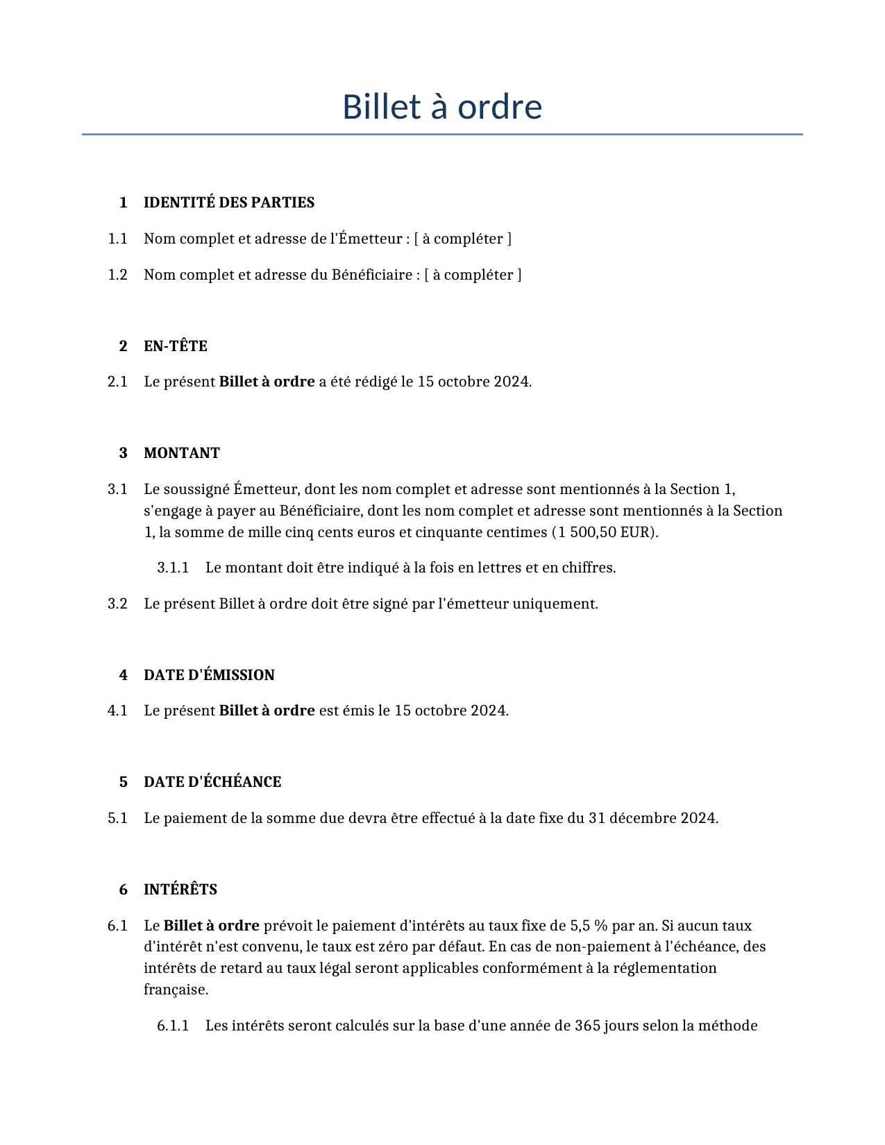 Exemple d'un Billet à ordre à utiliser dans la France généré par notre modèle d'IA.