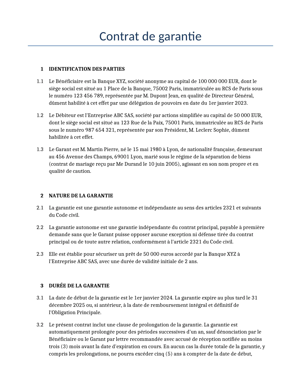 Exemple d'un Contrat de garantie à utiliser dans la France généré par notre modèle d'IA.