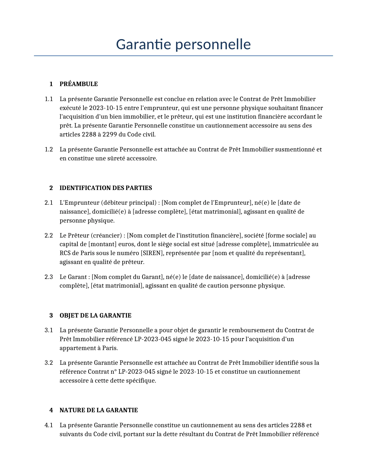 Exemple d'un Garantie personnelle à utiliser dans la France généré par notre modèle d'IA.