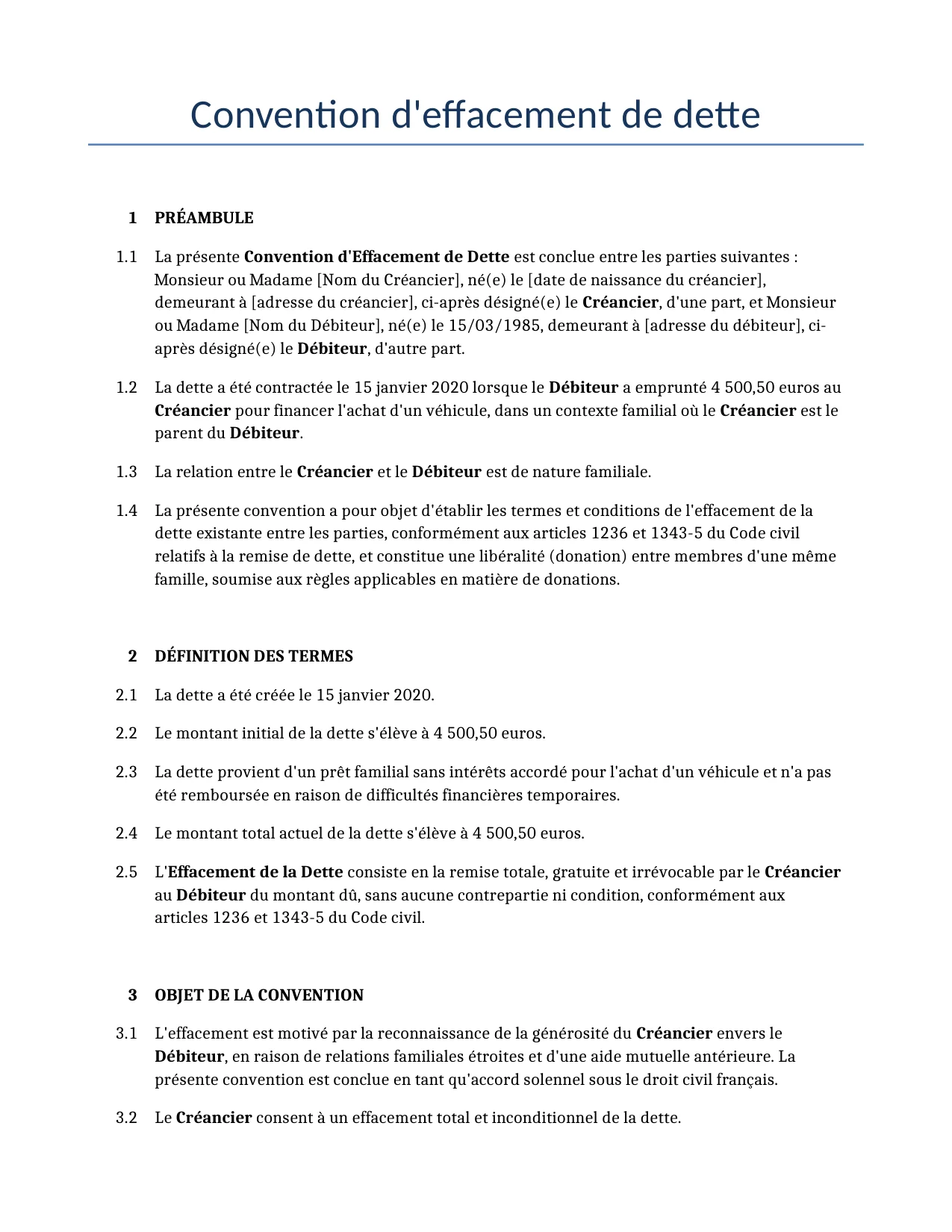 Exemple d'un Convention d'effacement de dette à utiliser dans la France généré par notre modèle d'IA.
