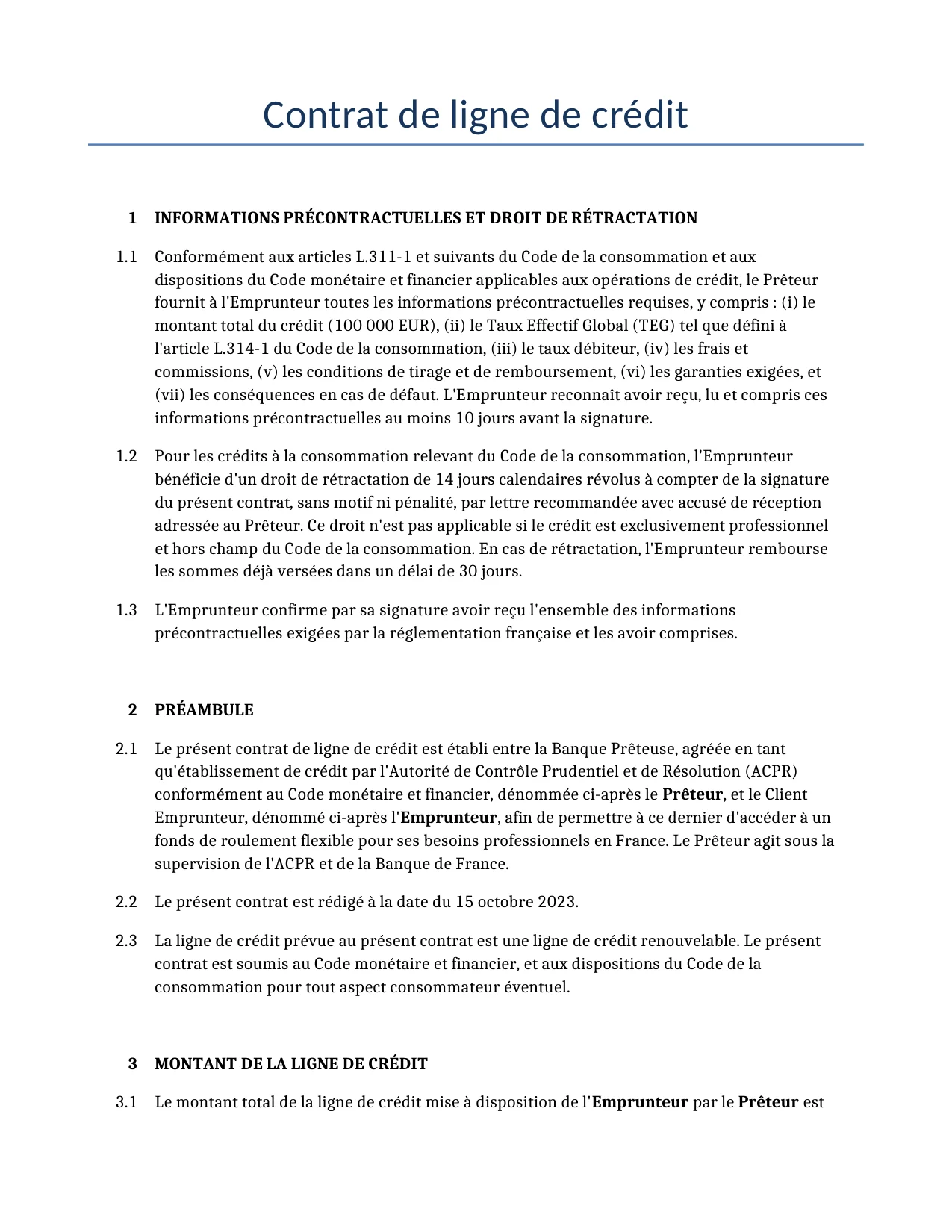 Exemple d'un Contrat de ligne de crédit à utiliser dans la France généré par notre modèle d'IA.