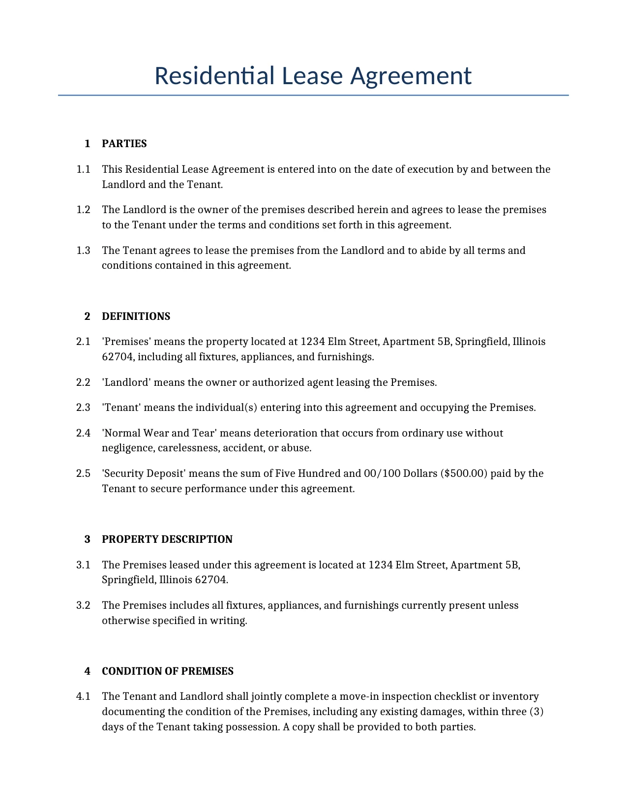Example of a Residential Lease Agreement for use in the United States</b> generated by our AI model. 