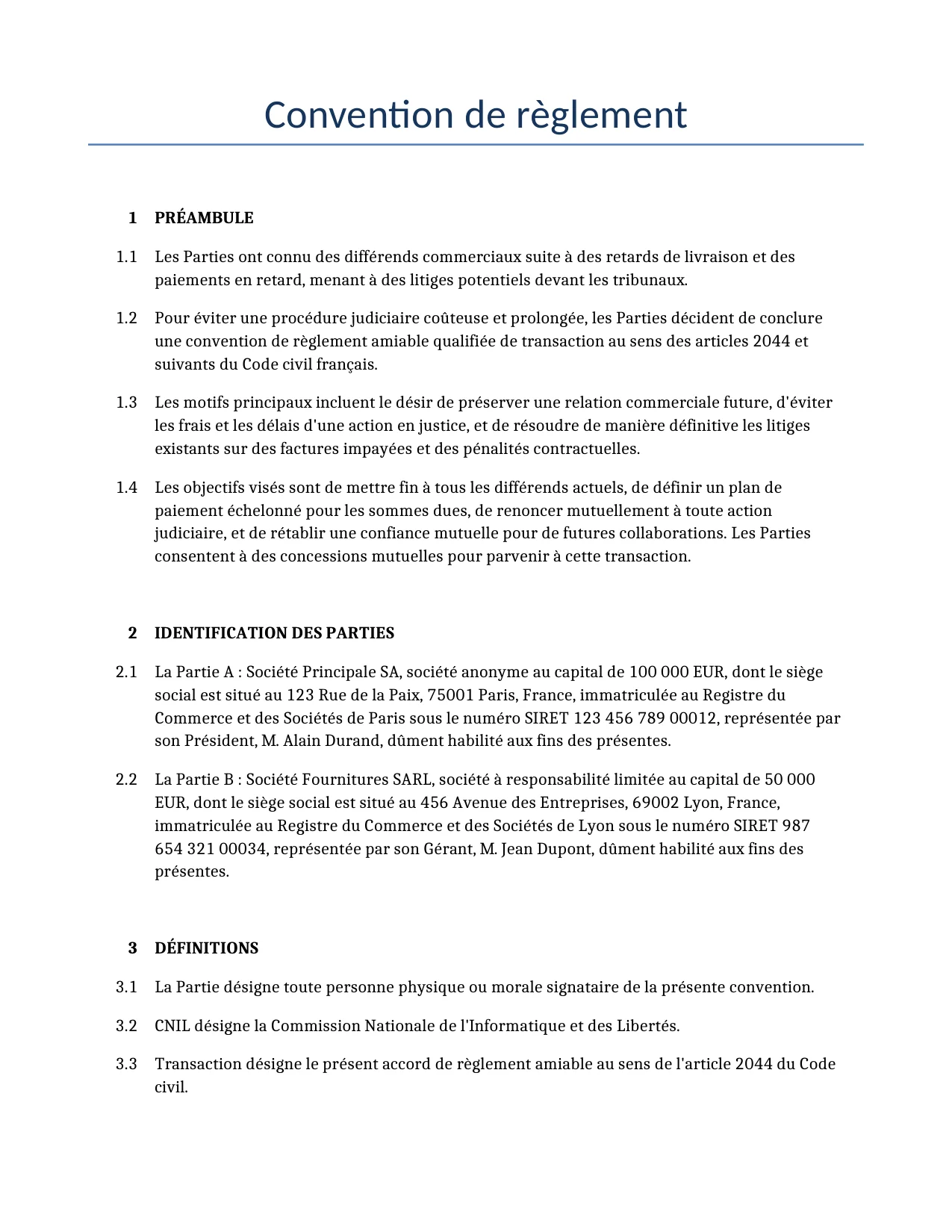 Exemple d'un Convention de règlement à utiliser dans la France généré par notre modèle d'IA.
