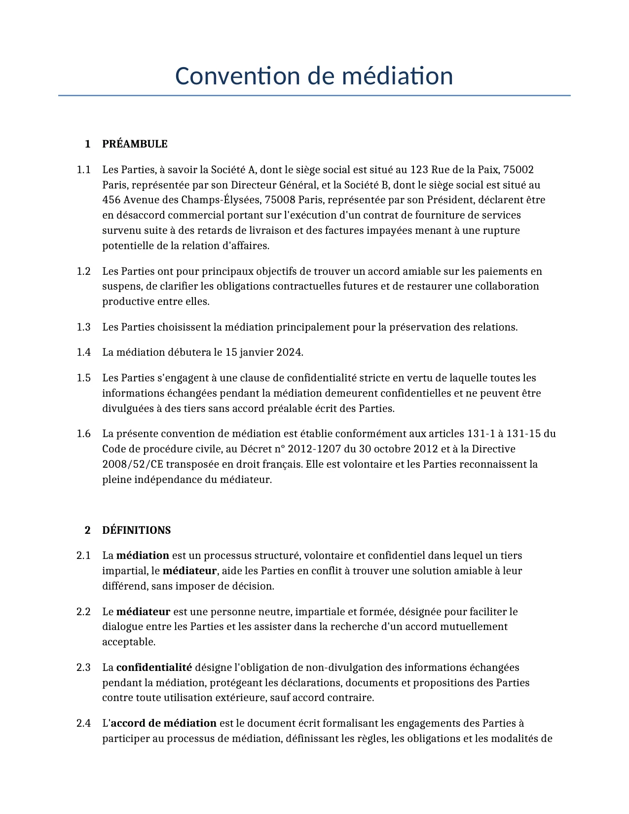 Exemple d'un Convention de médiation à utiliser dans la France généré par notre modèle d'IA.