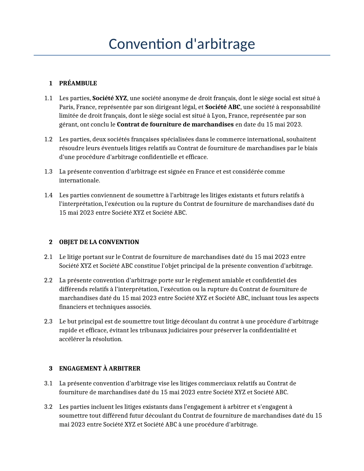 Exemple d'un Convention d'arbitrage à utiliser dans la France généré par notre modèle d'IA.