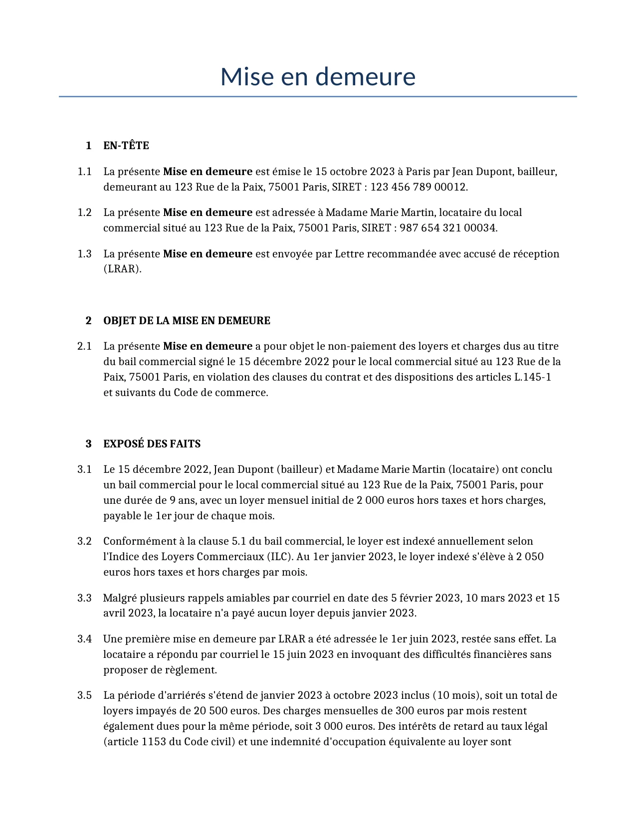 Exemple d'un Mise en demeure à utiliser dans la France généré par notre modèle d'IA.