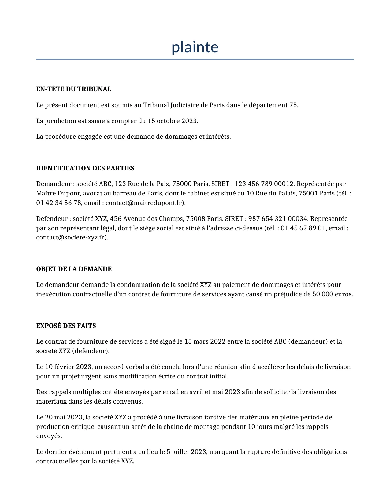 Exemple d'un plainte à utiliser dans la France généré par notre modèle d'IA.