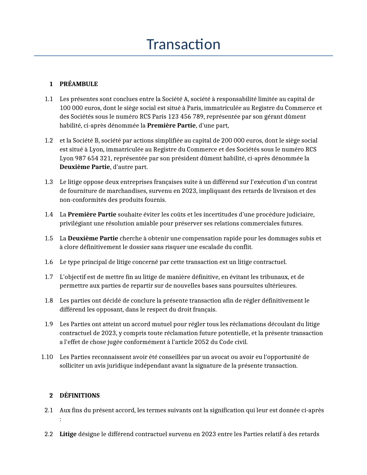 Exemple d'un Transaction à utiliser dans la France généré par notre modèle d'IA.