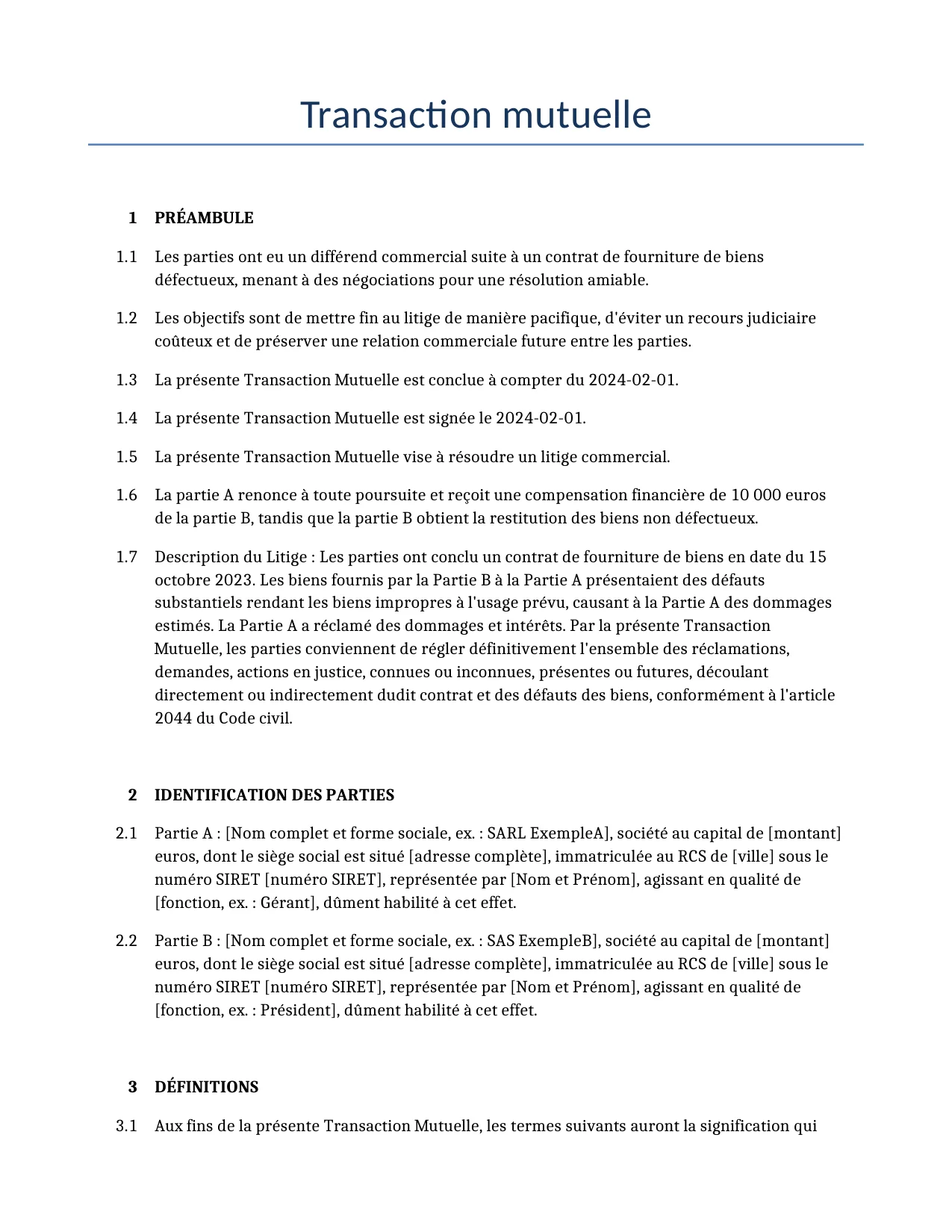 Exemple d'un Transaction mutuelle à utiliser dans la France généré par notre modèle d'IA.