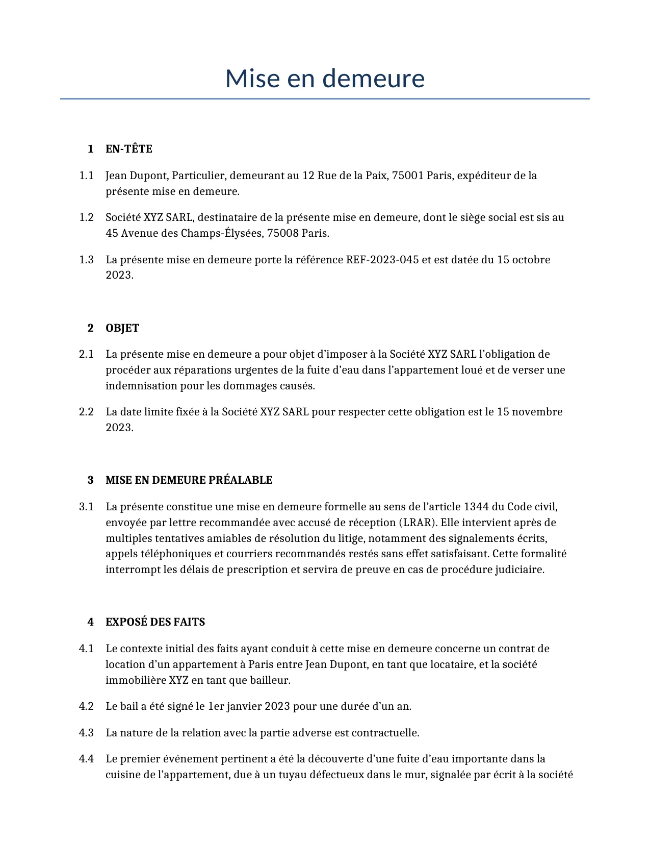 Exemple d'un Mise en demeure à utiliser dans la France généré par notre modèle d'IA.