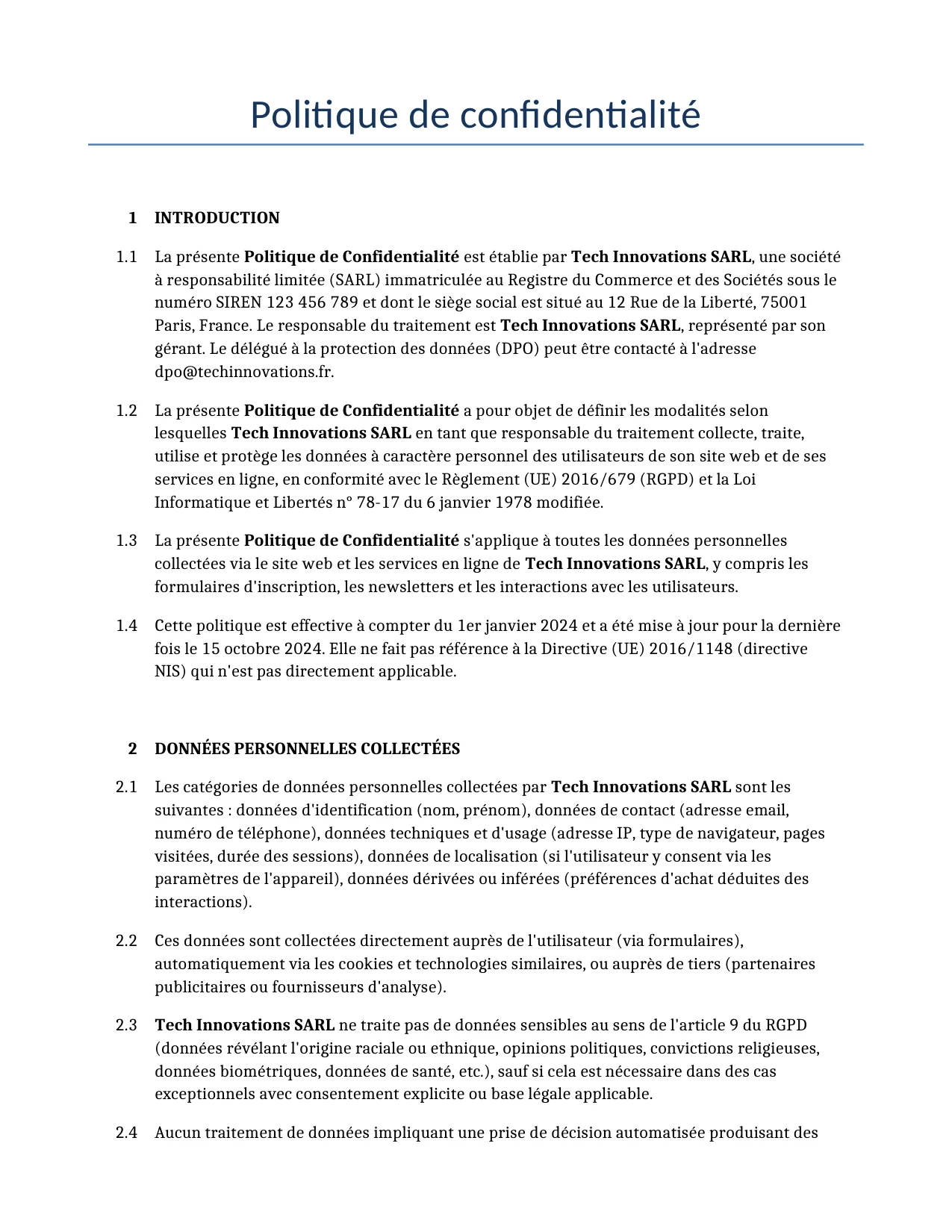 Exemple d'un Politique de confidentialité à utiliser dans la France généré par notre modèle d'IA.