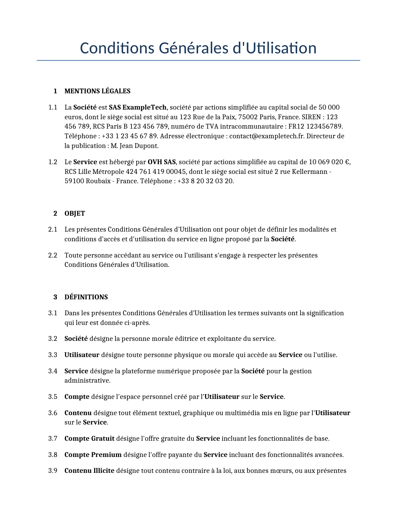 Exemple d'un Conditions Générales d'Utilisation à utiliser dans la France généré par notre modèle d'IA.