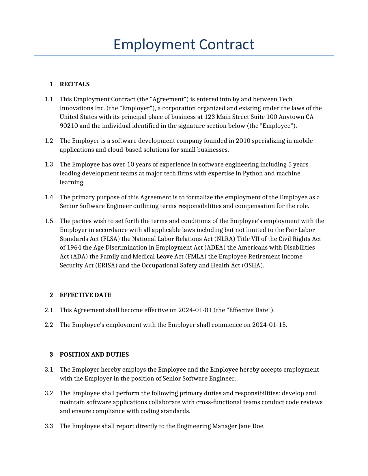 Example of a Employment Contract for use in the United States</b> generated by our AI model.