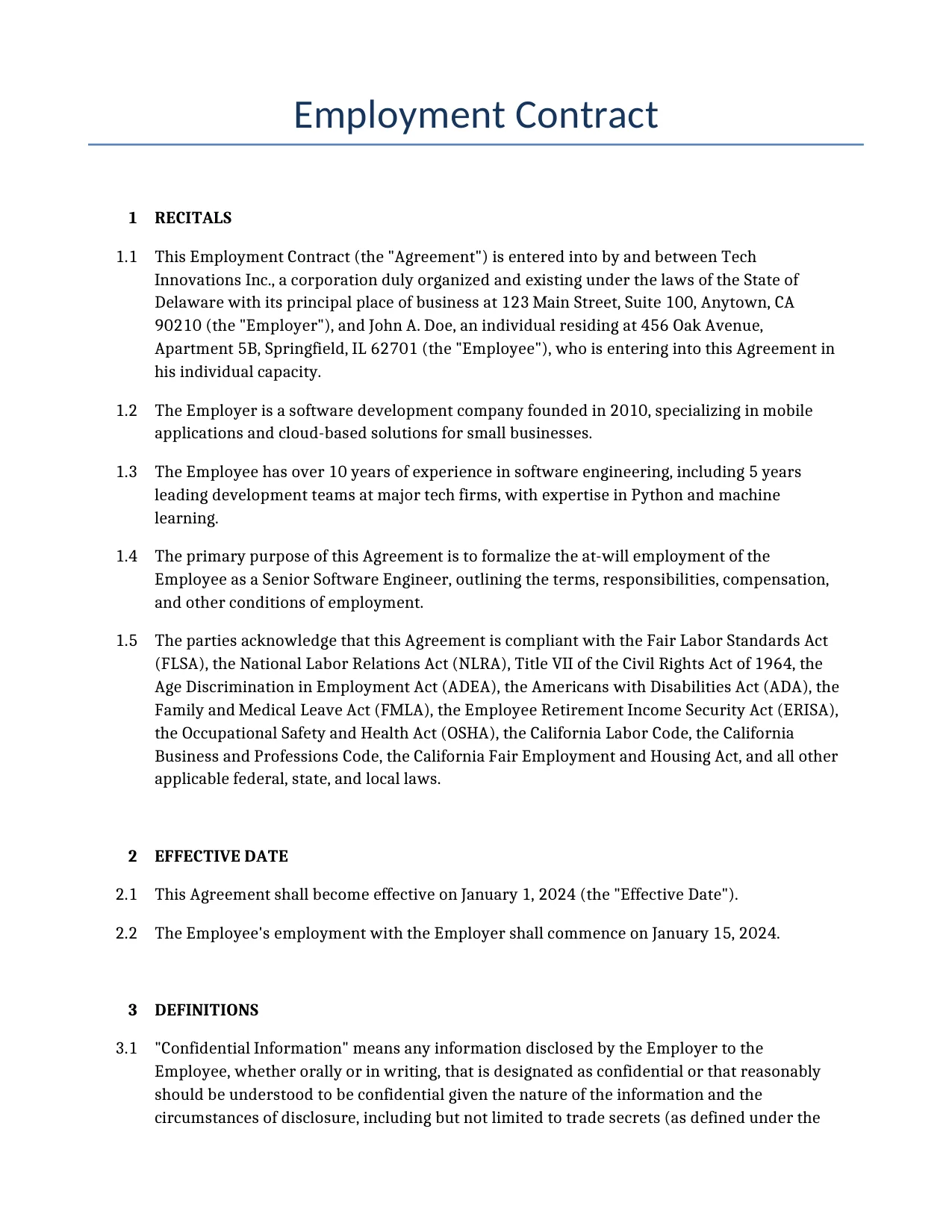 Example of a Employment Contract for use in the United States</b> generated by our AI model.