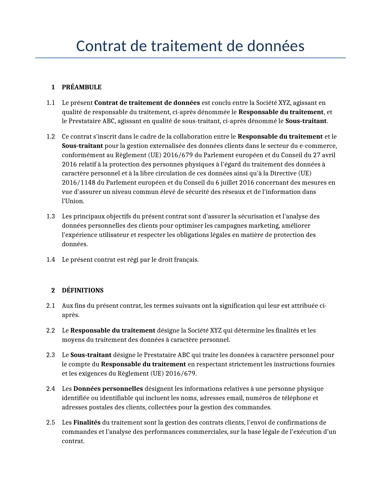 Exemple d'un Contrat de traitement de données à utiliser dans la France généré par notre modèle d'IA.
