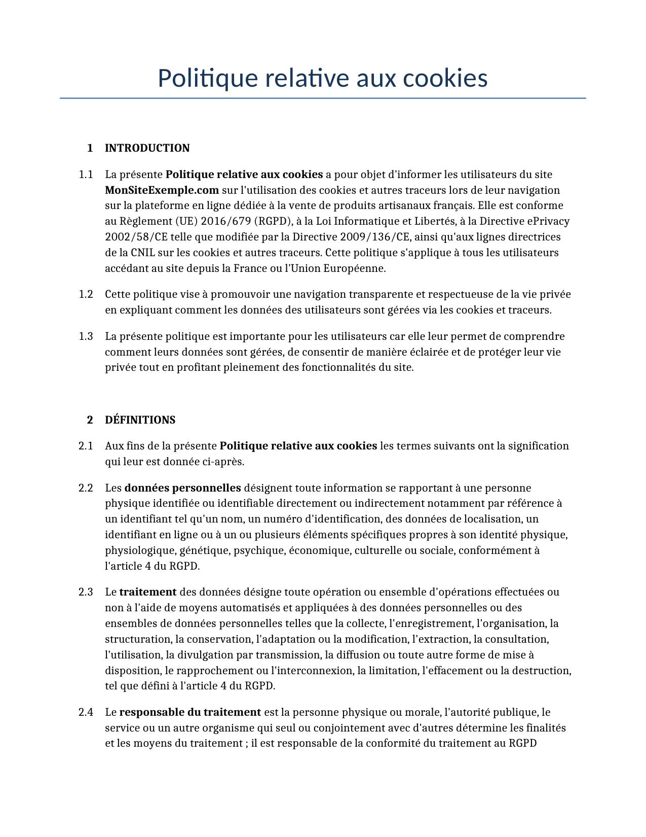 Exemple d'un Politique relative aux cookies à utiliser dans la France généré par notre modèle d'IA.