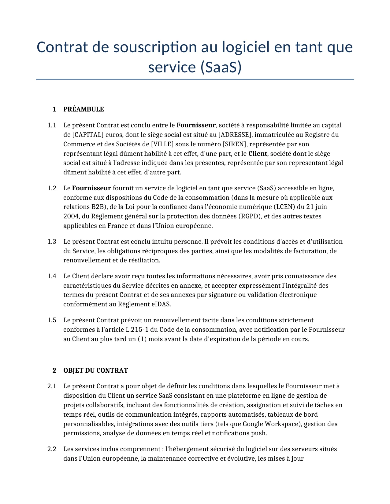 Exemple d'un Contrat de souscription au logiciel en tant que service (SaaS) à utiliser dans la France généré par notre modèle d'IA.