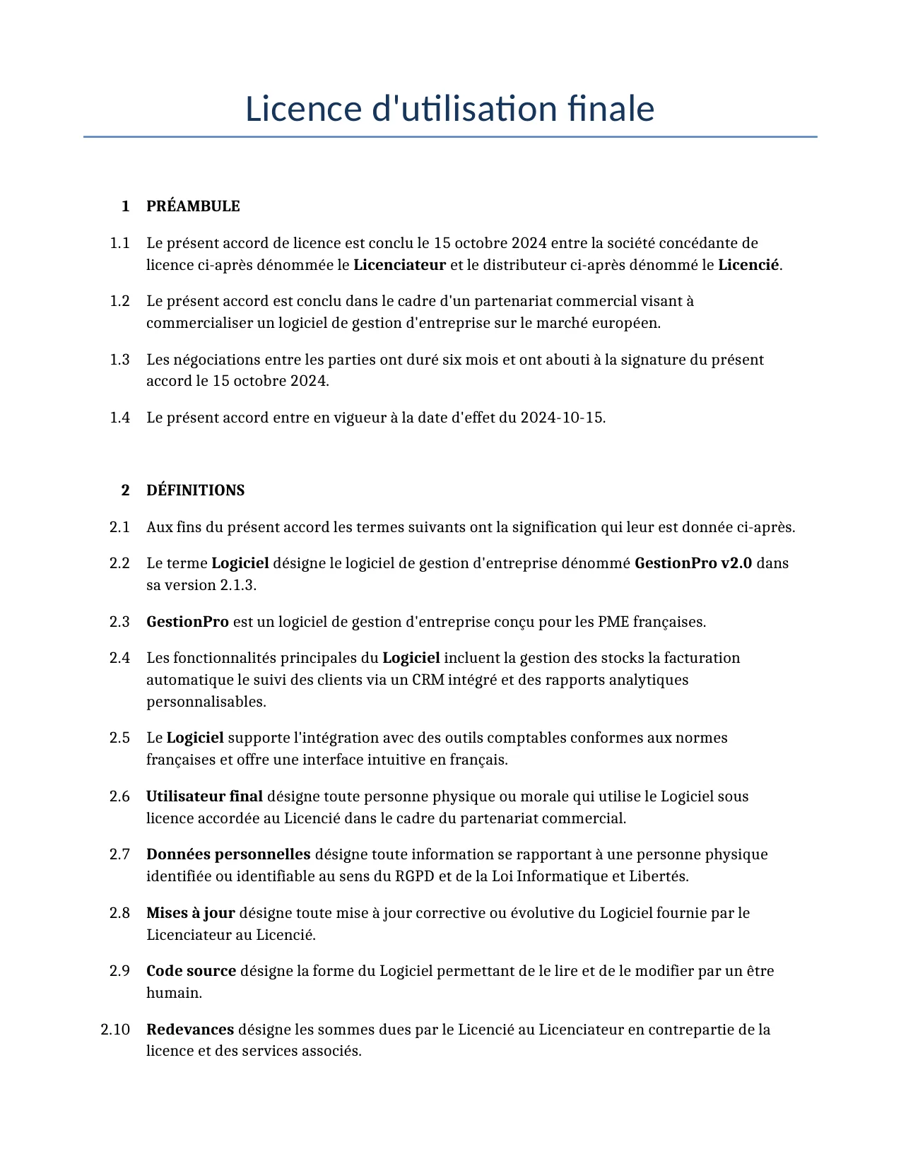Exemple d'un Licence d'utilisation finale à utiliser dans la France généré par notre modèle d'IA.