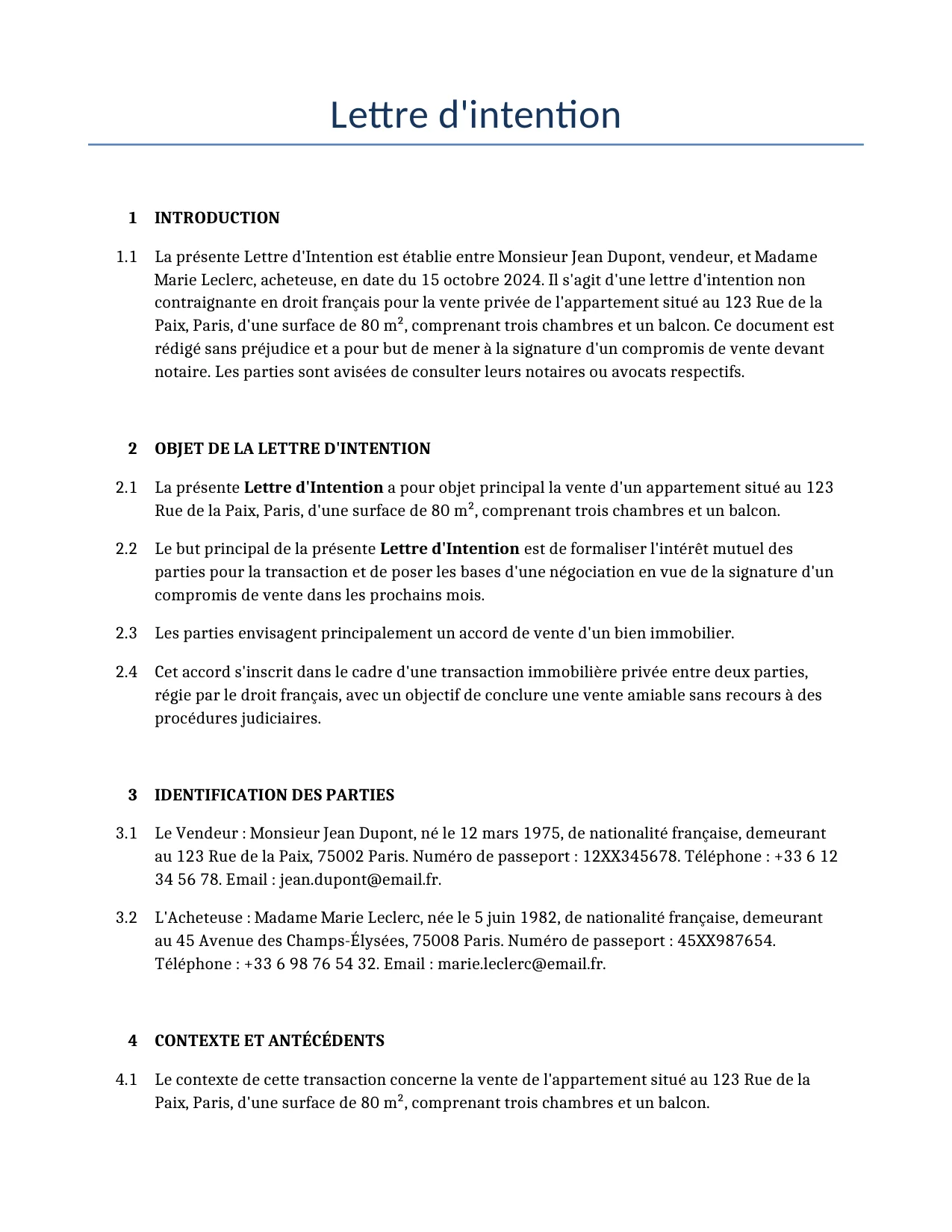 Exemple d'un Lettre d'intention à utiliser dans la France généré par notre modèle d'IA.