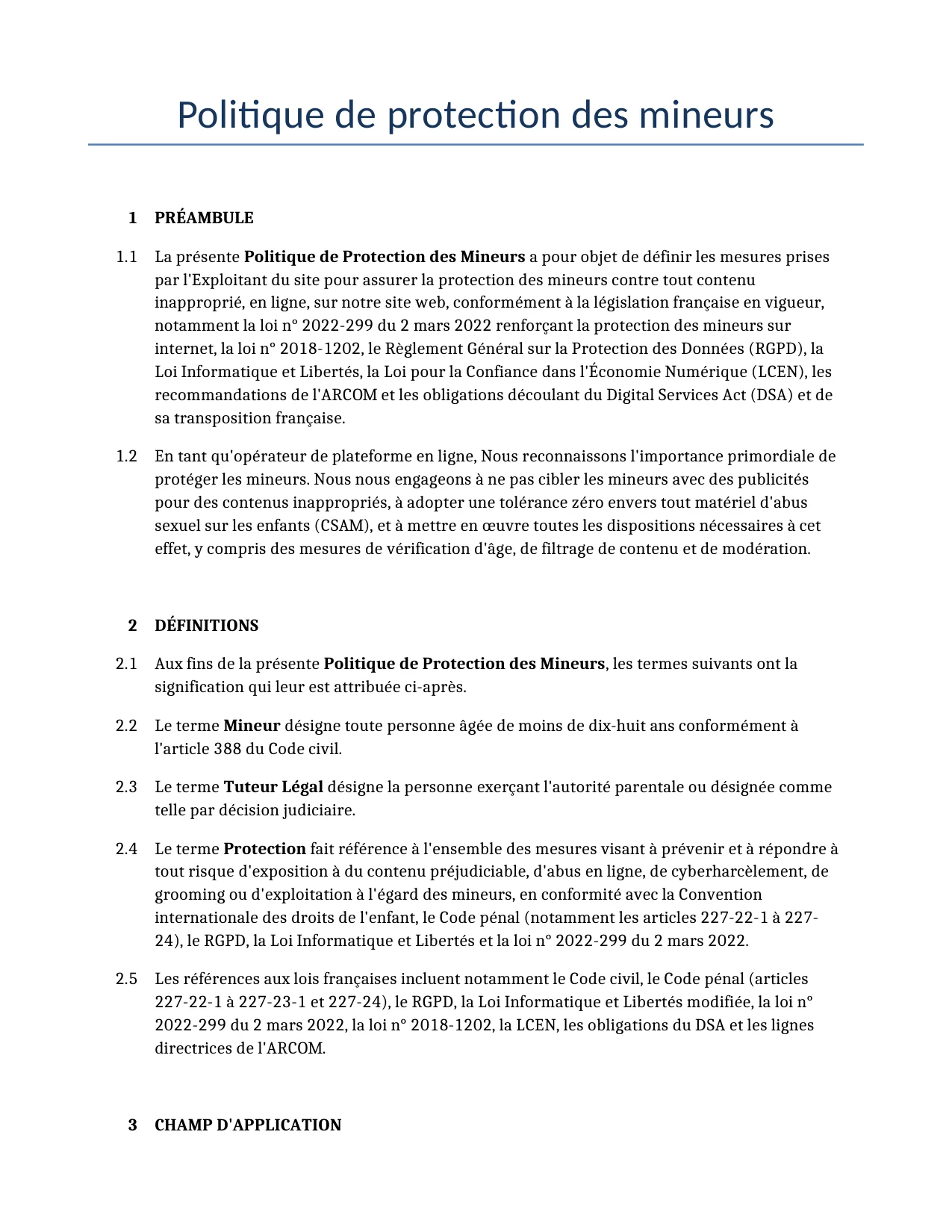 Exemple d'un Politique de protection des mineurs à utiliser dans la France généré par notre modèle d'IA.