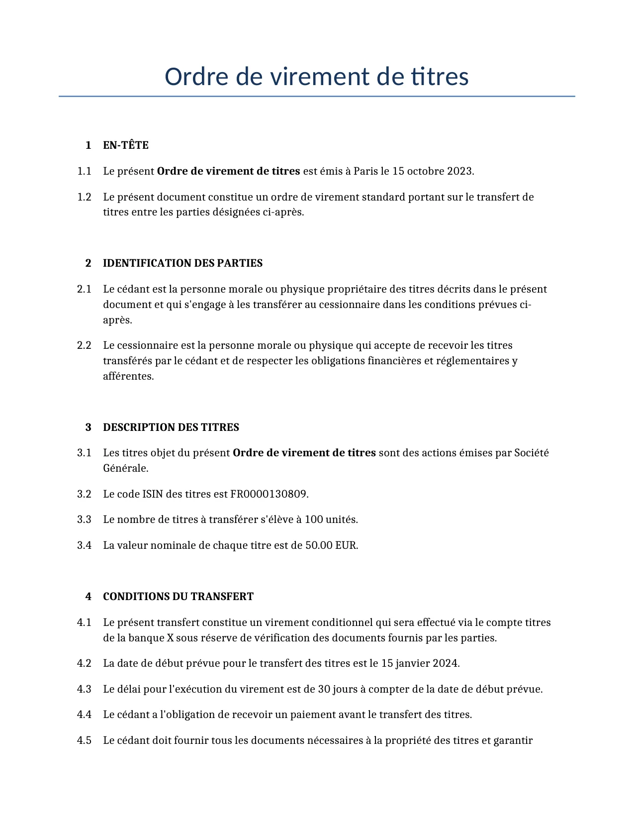 Exemple d'un Ordre de virement de titres à utiliser dans la France généré par notre modèle d'IA.