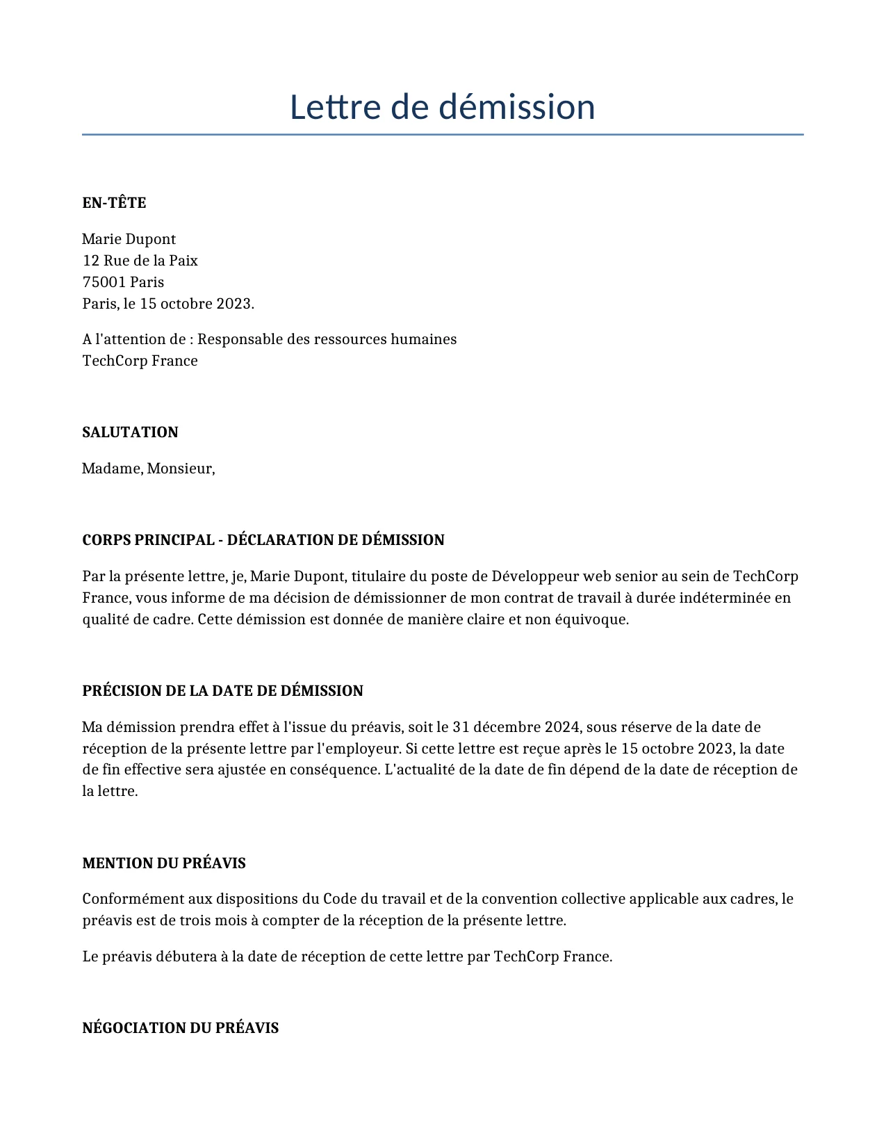 Exemple d'un Lettre de démission à utiliser dans la France généré par notre modèle d'IA.