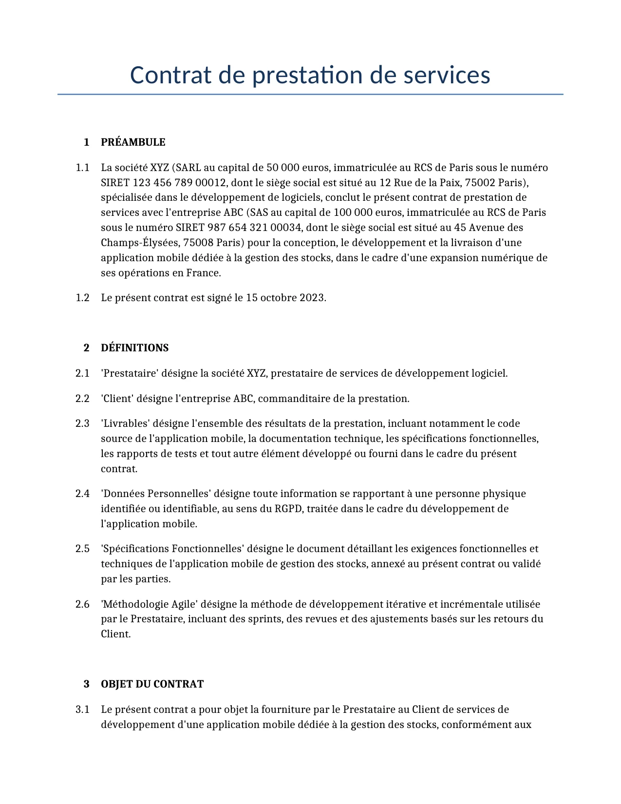Exemple d'un Contrat de prestation de services à utiliser dans la France généré par notre modèle d'IA.