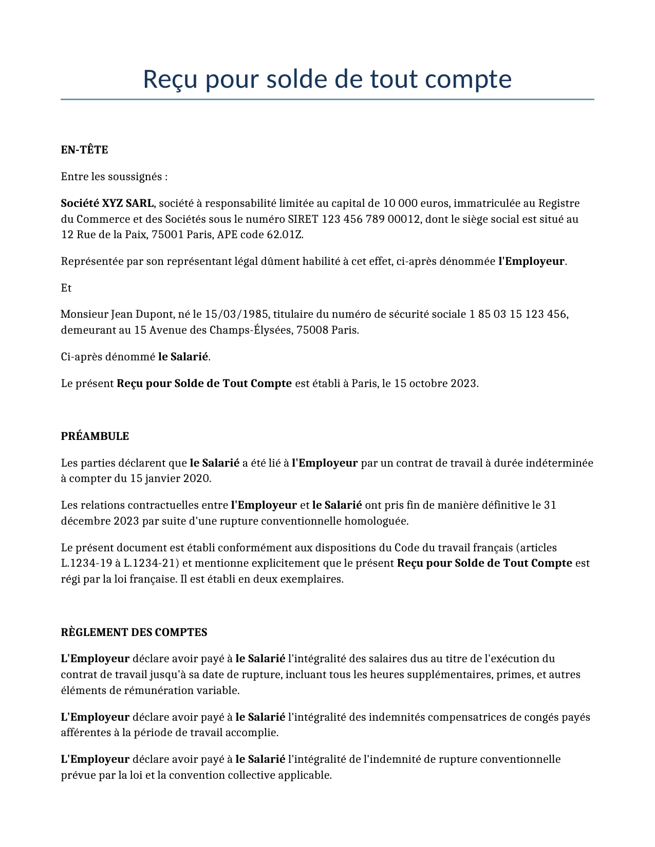 Exemple d'un Reçu pour solde de tout compte à utiliser dans la France généré par notre modèle d'IA.