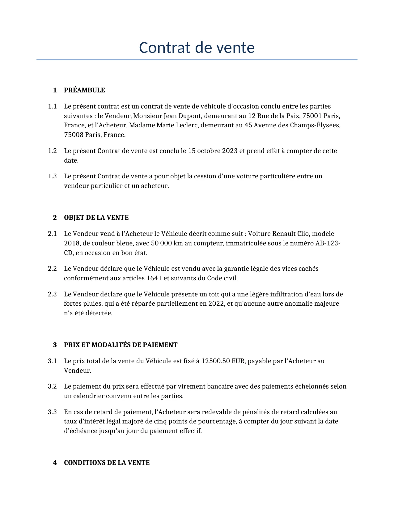 Exemple d'un Contrat de vente à utiliser dans la France généré par notre modèle d'IA.