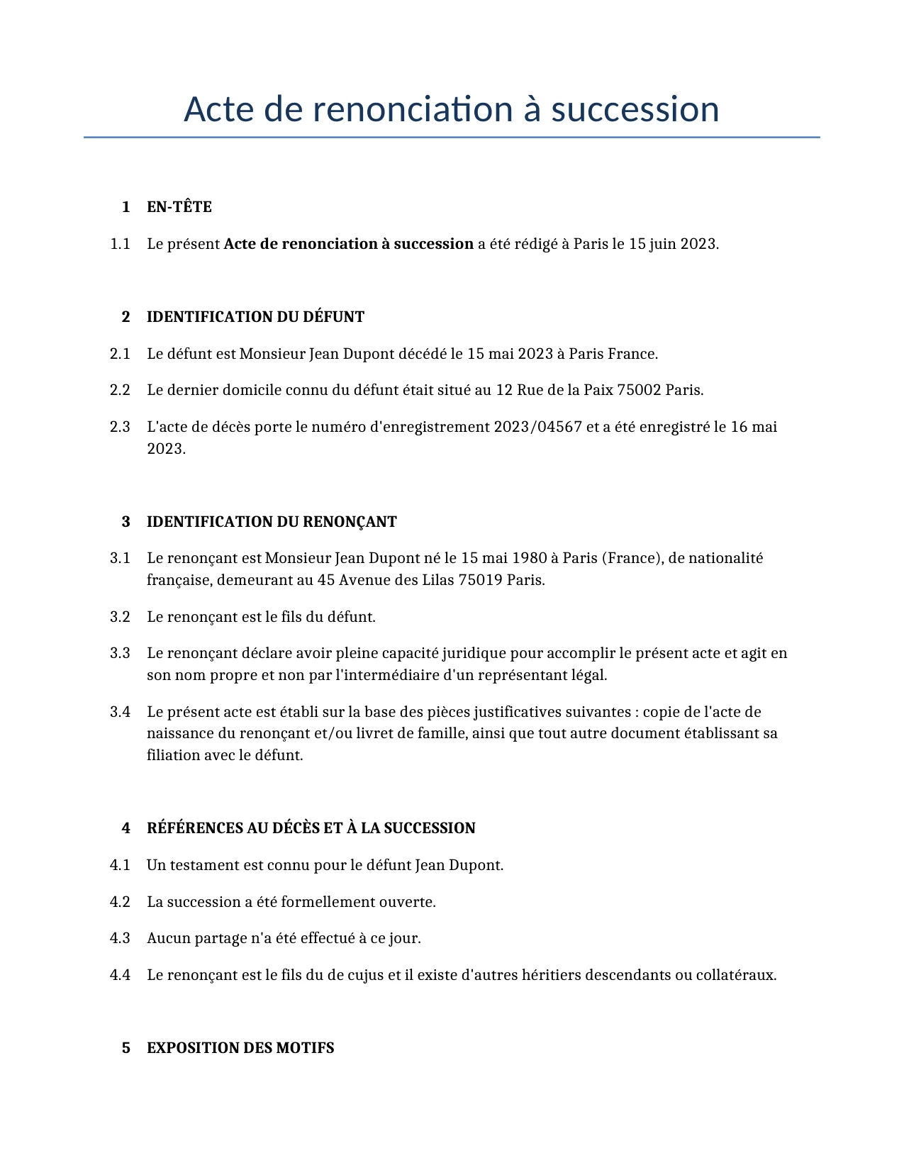 Exemple d'un Acte de renonciation à succession à utiliser dans la France généré par notre modèle d'IA.
