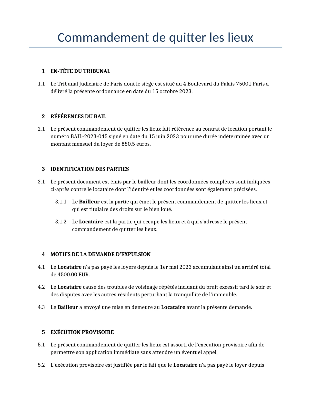 Exemple d'un Commandement de quitter les lieux à utiliser dans la France généré par notre modèle d'IA.