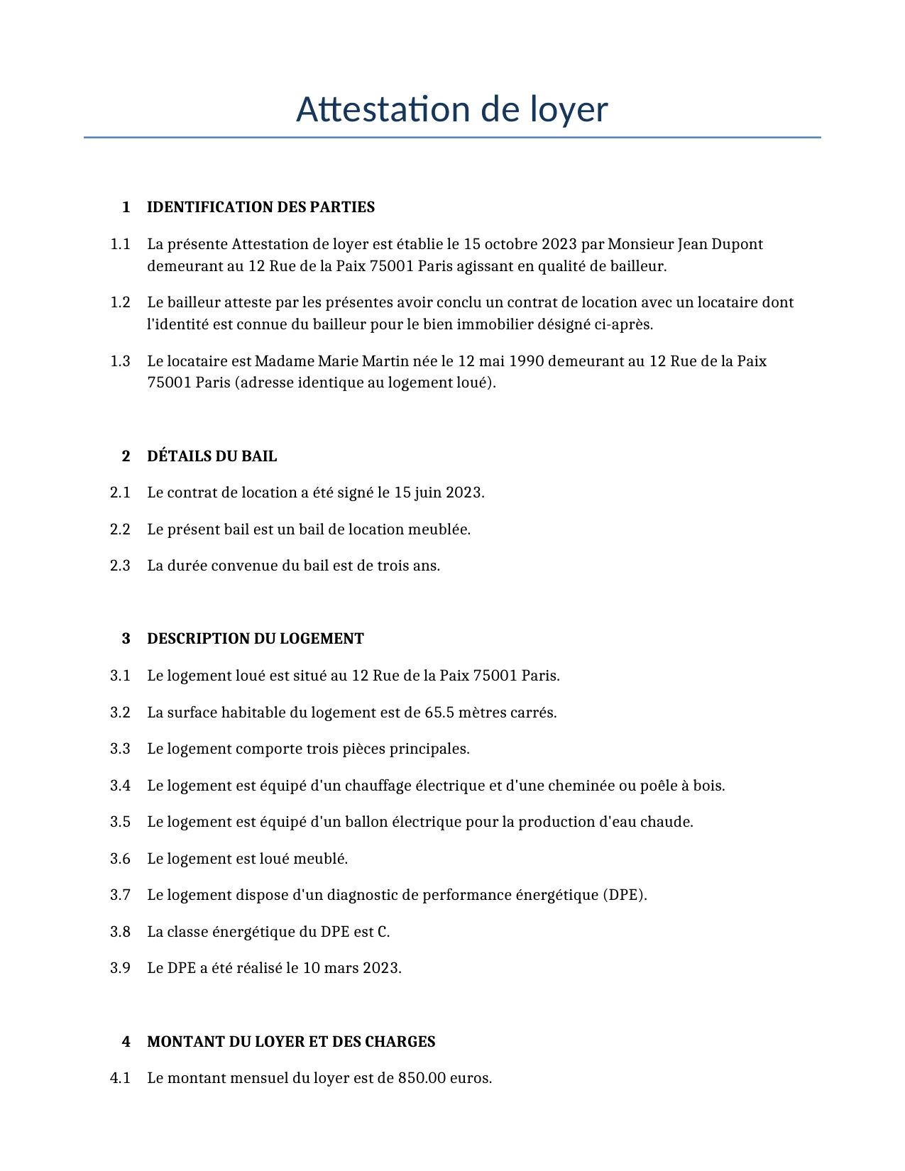 Exemple d'un Attestation de loyer à utiliser dans la France généré par notre modèle d'IA.