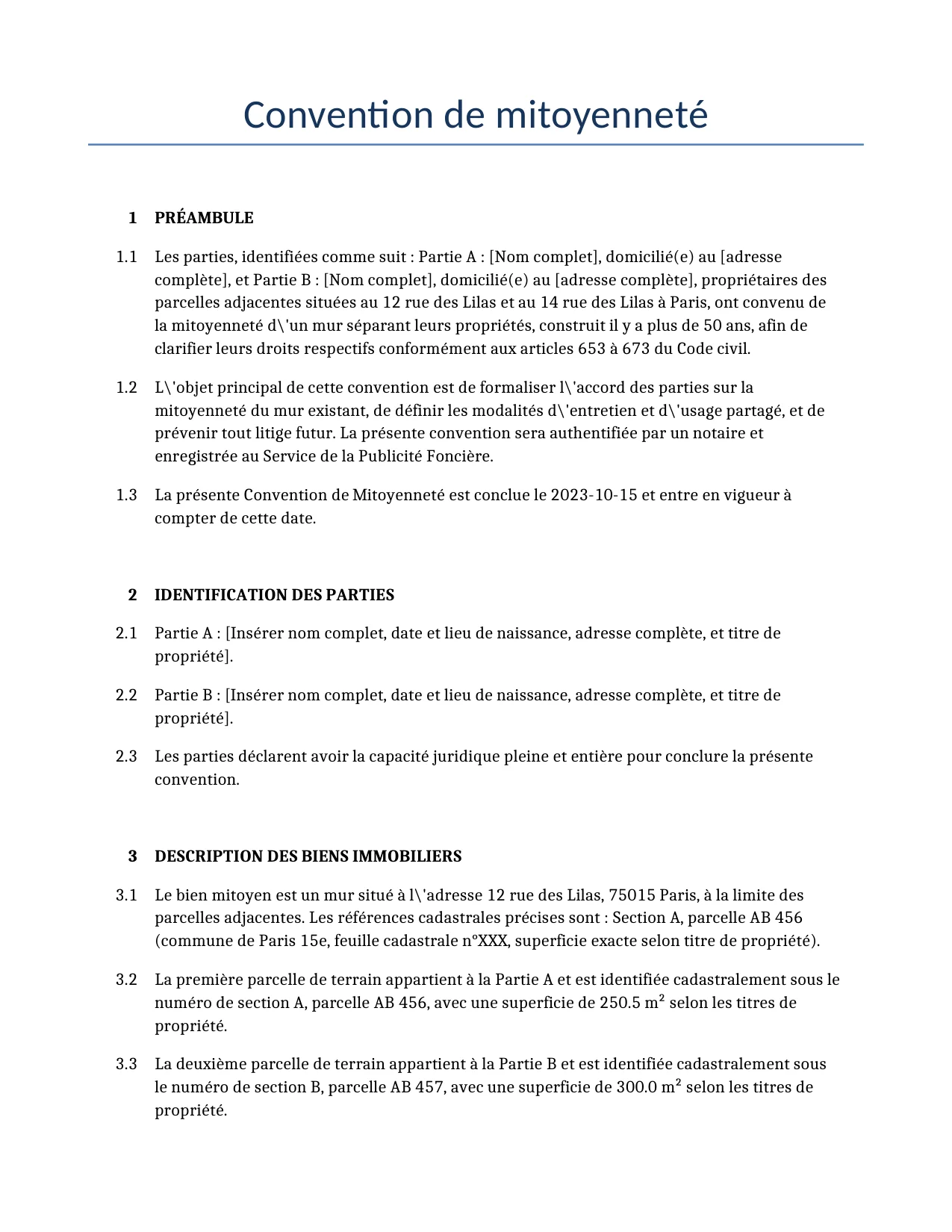 Exemple d'un Convention de mitoyenneté à utiliser dans la France généré par notre modèle d'IA.