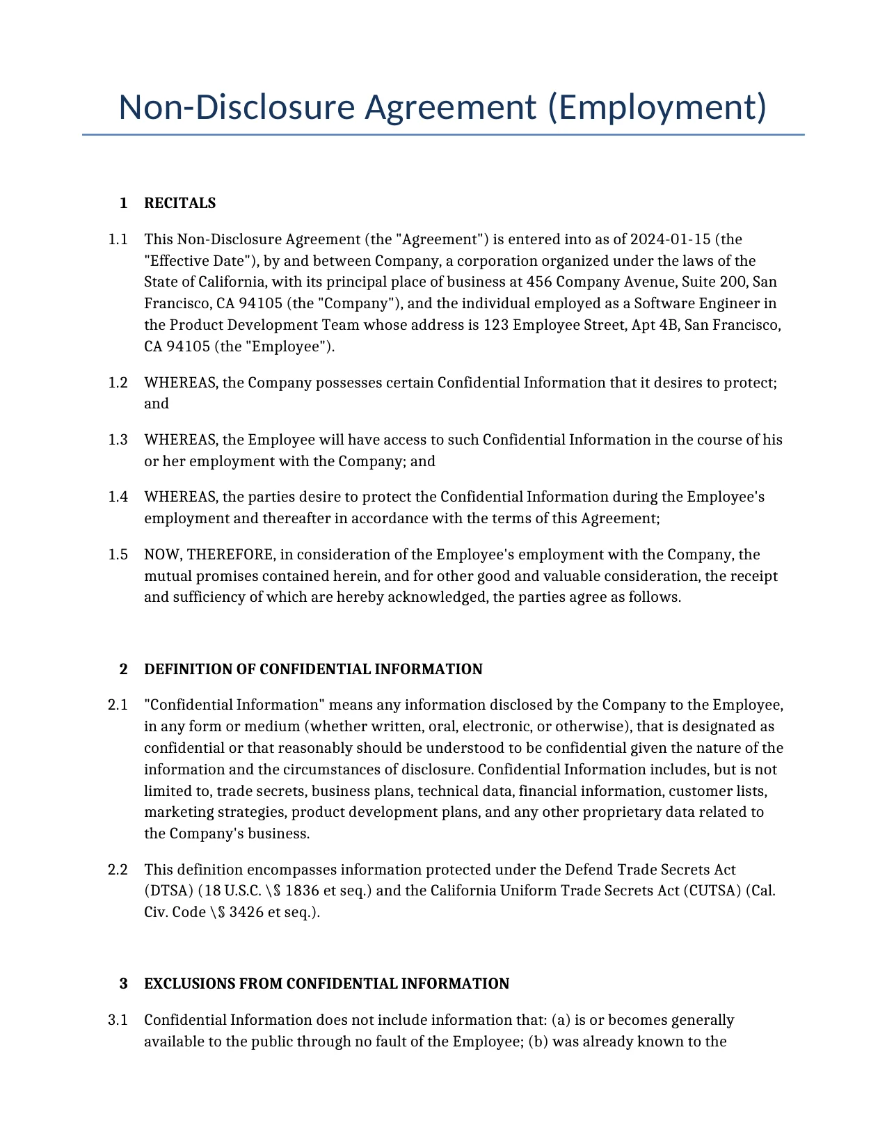 Example of a Non-Disclosure Agreement (Employment) for use in the United States</b> generated by our AI model.