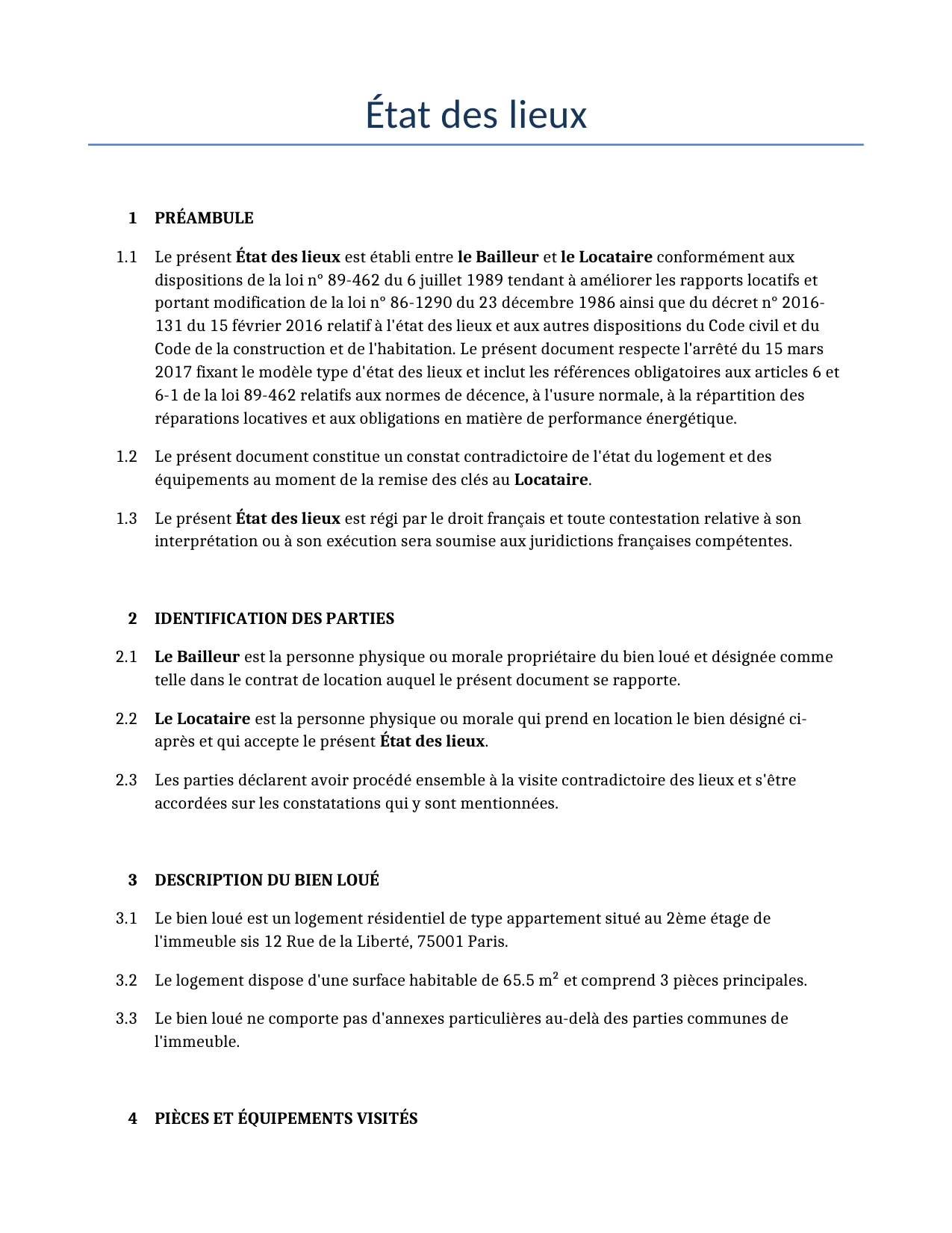 Exemple d'un État des lieux à utiliser dans la France généré par notre modèle d'IA.