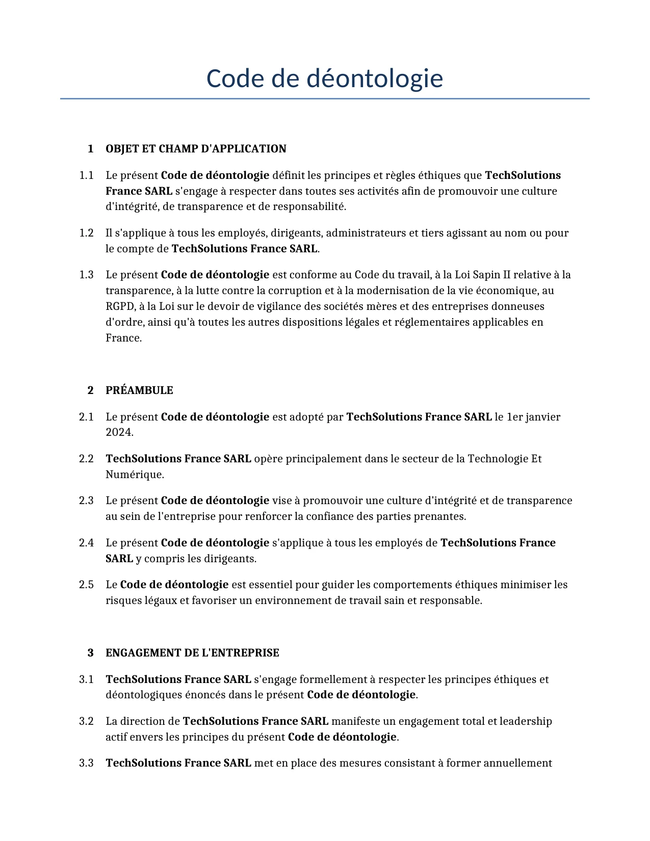 Exemple d'un Code de déontologie à utiliser dans la France généré par notre modèle d'IA.