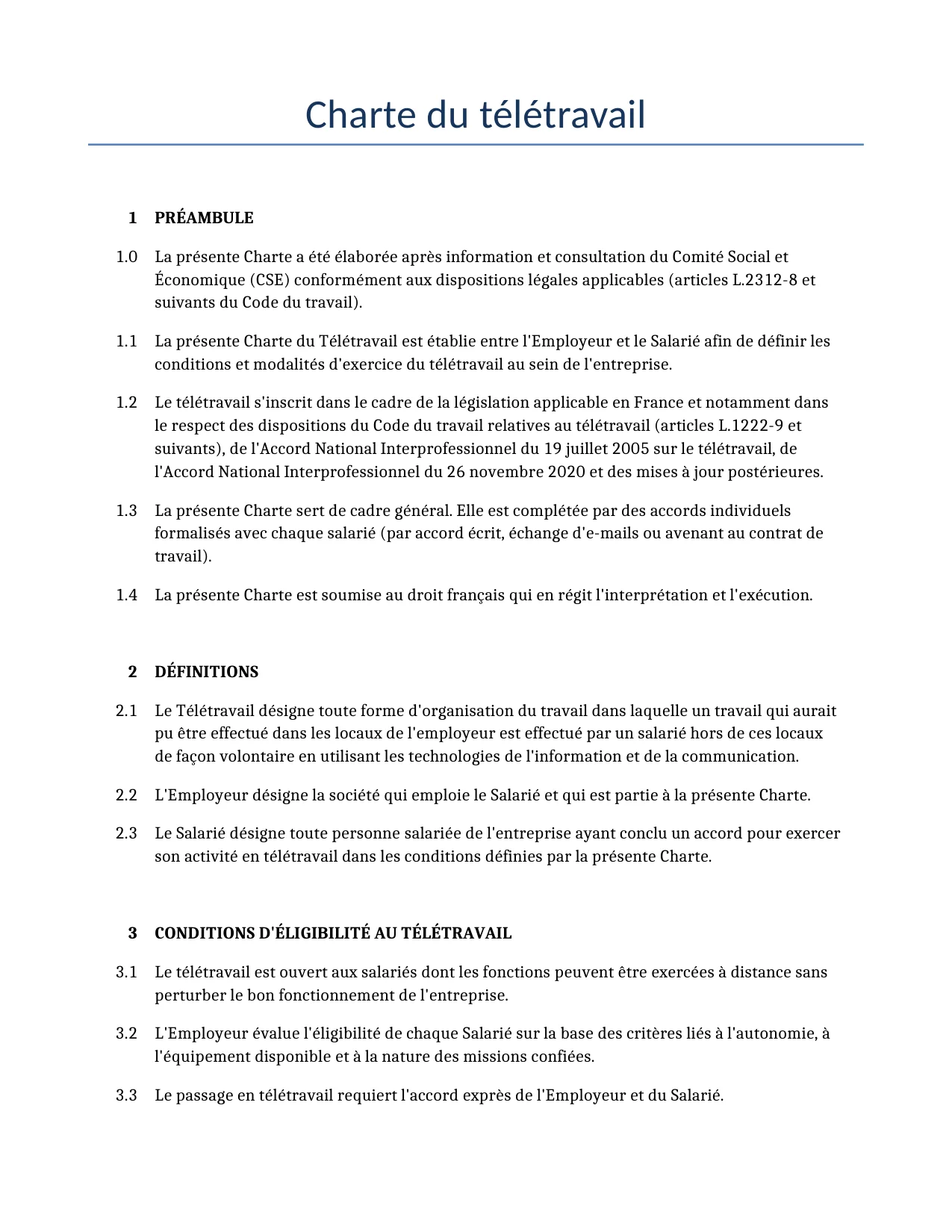 Exemple d'un Charte du télétravail à utiliser dans la France généré par notre modèle d'IA.