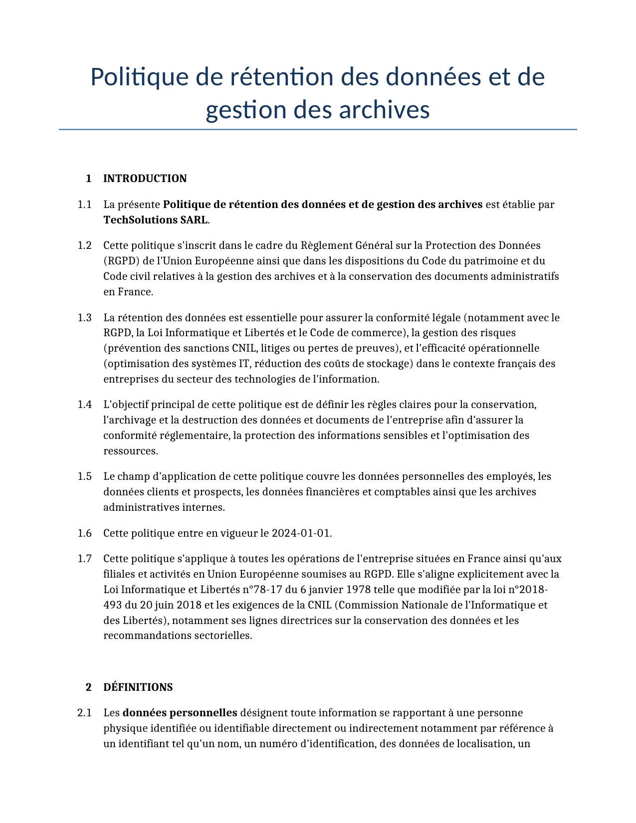 Exemple d'un Politique de rétention des données et de gestion des archives à utiliser dans la France généré par notre modèle d'IA.
