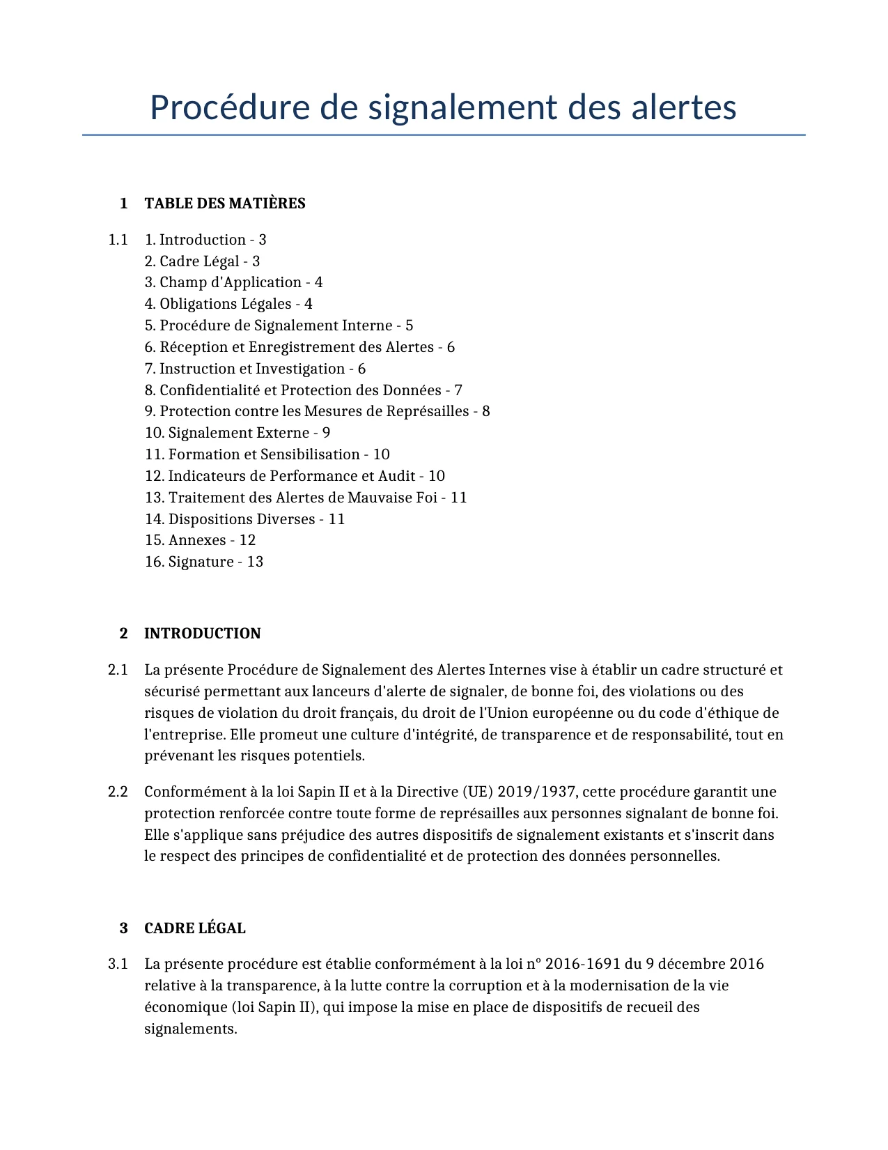 Exemple d'un Procédure de signalement des alertes à utiliser dans la France généré par notre modèle d'IA.
