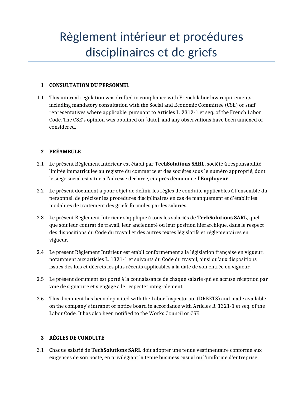 Exemple d'un Règlement intérieur et procédures disciplinaires et de griefs à utiliser dans la France généré par notre modèle d'IA.
