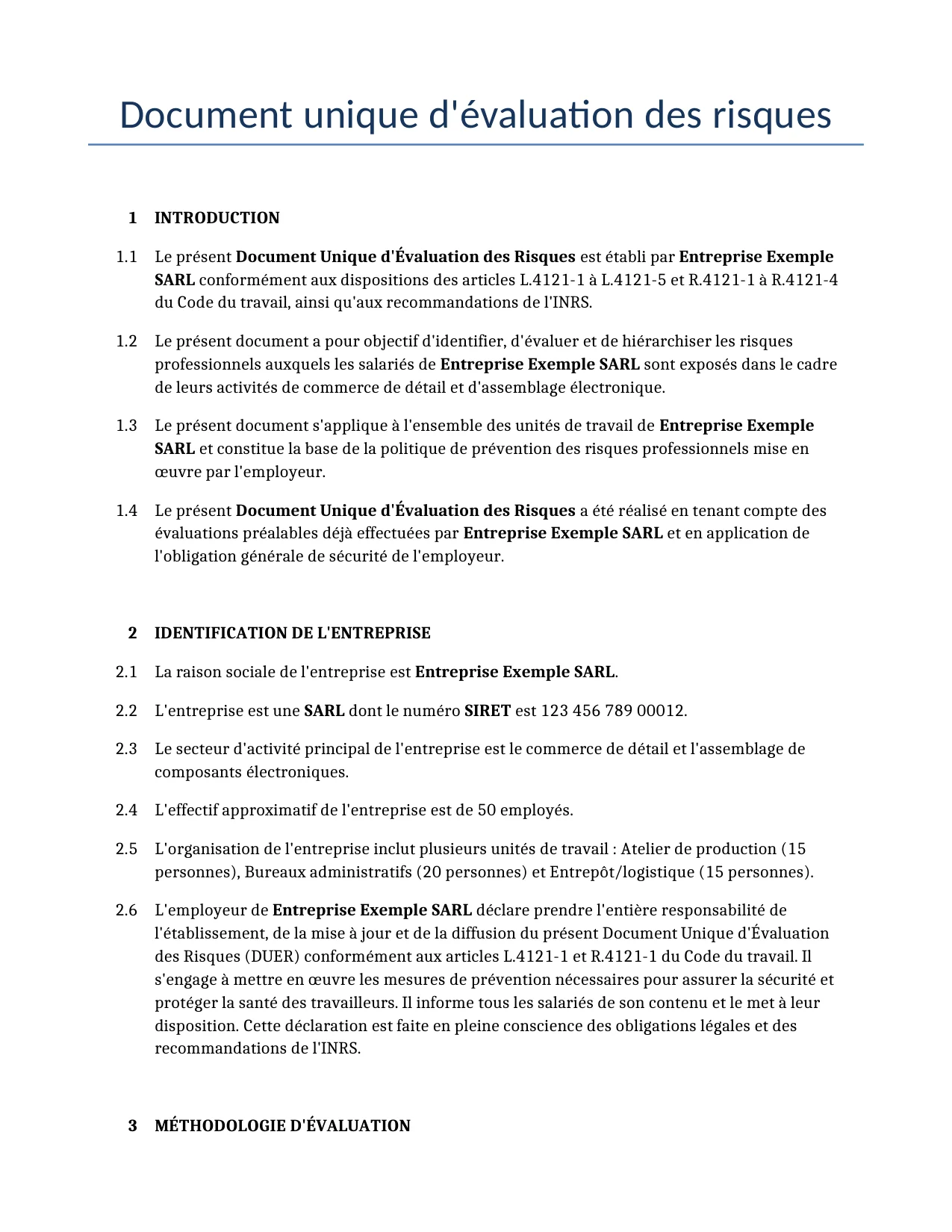 Exemple d'un Document unique d'évaluation des risques à utiliser dans la France généré par notre modèle d'IA.