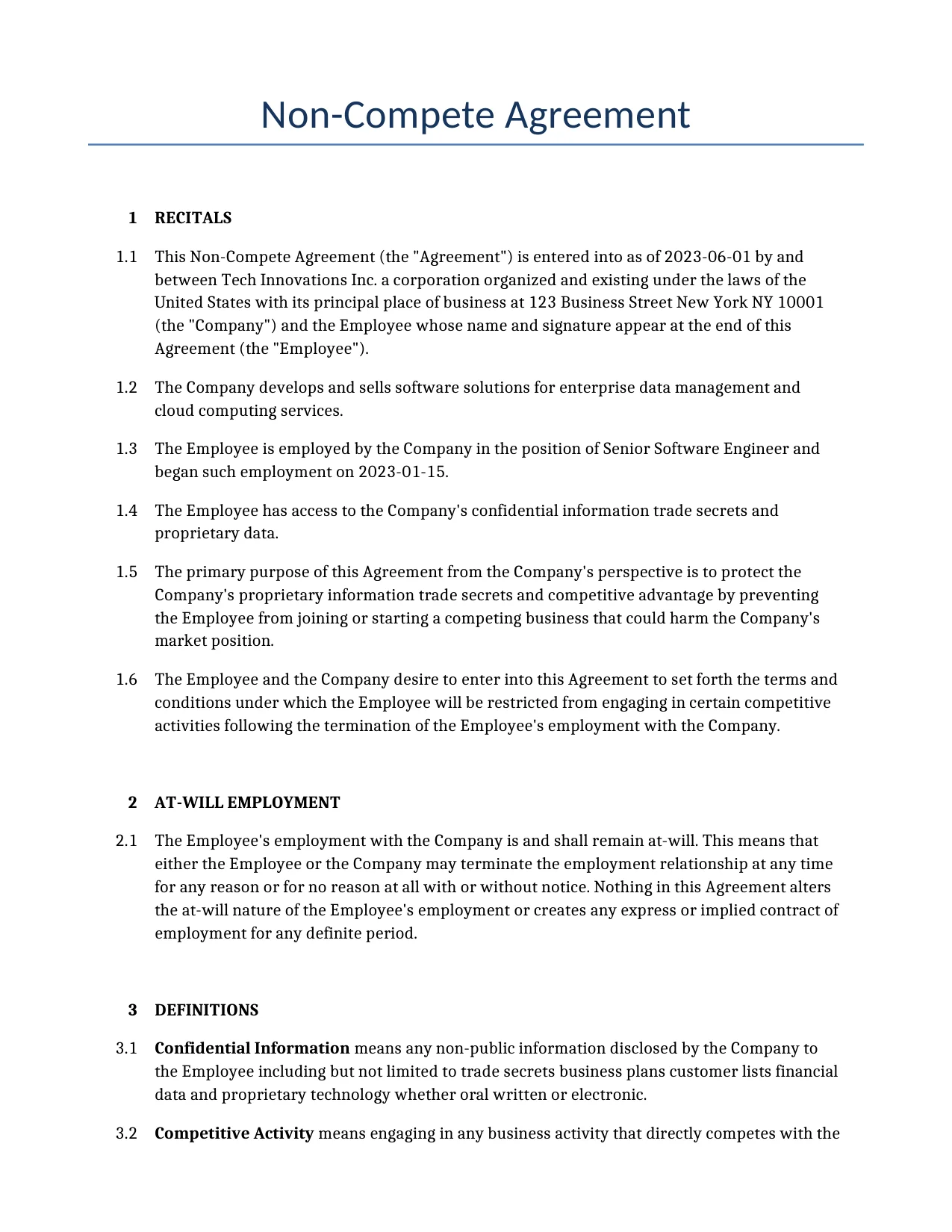 Example of a Non-Compete Agreement for use in the United States</b> generated by our AI model.