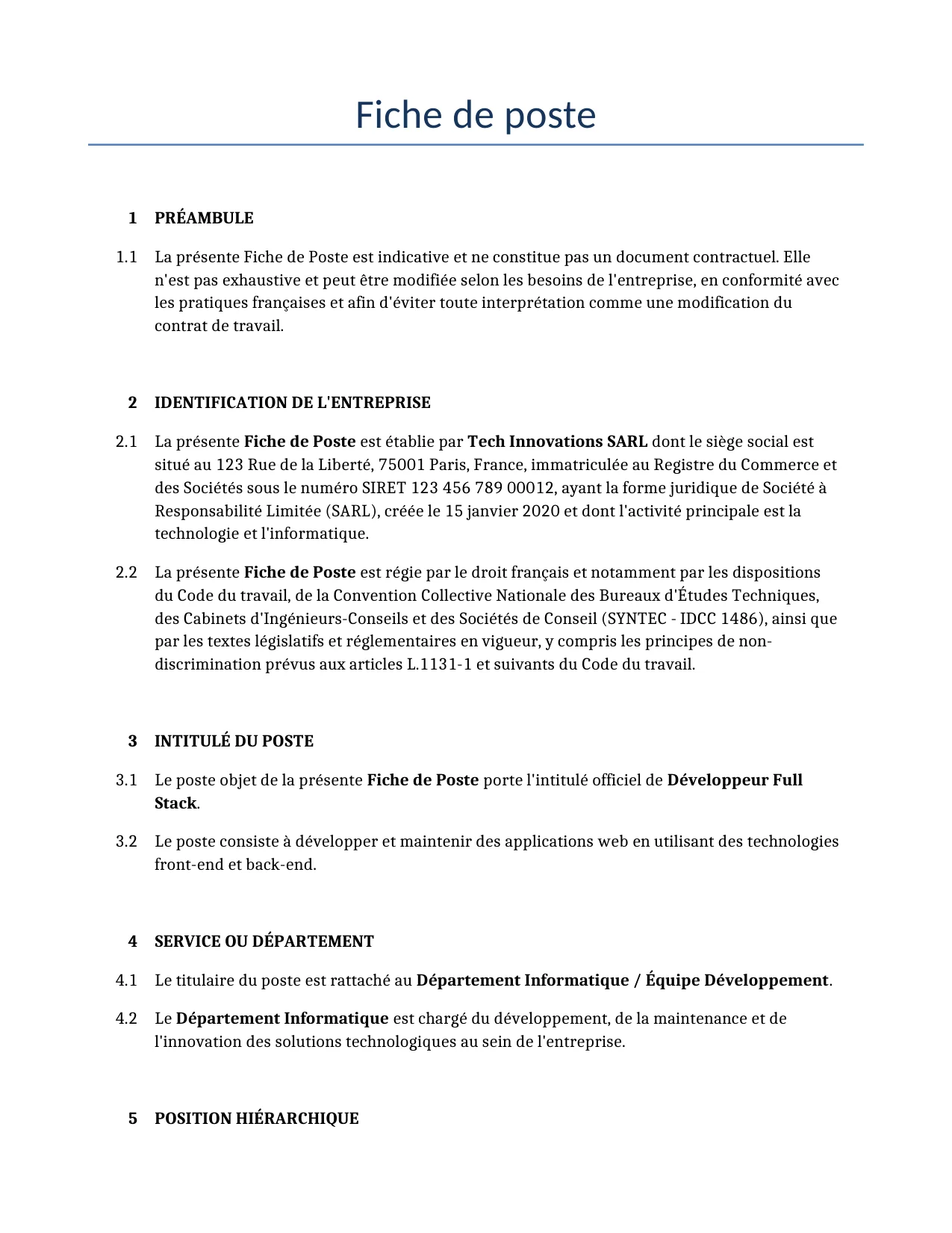 Exemple d'un Fiche de poste à utiliser dans la France généré par notre modèle d'IA.