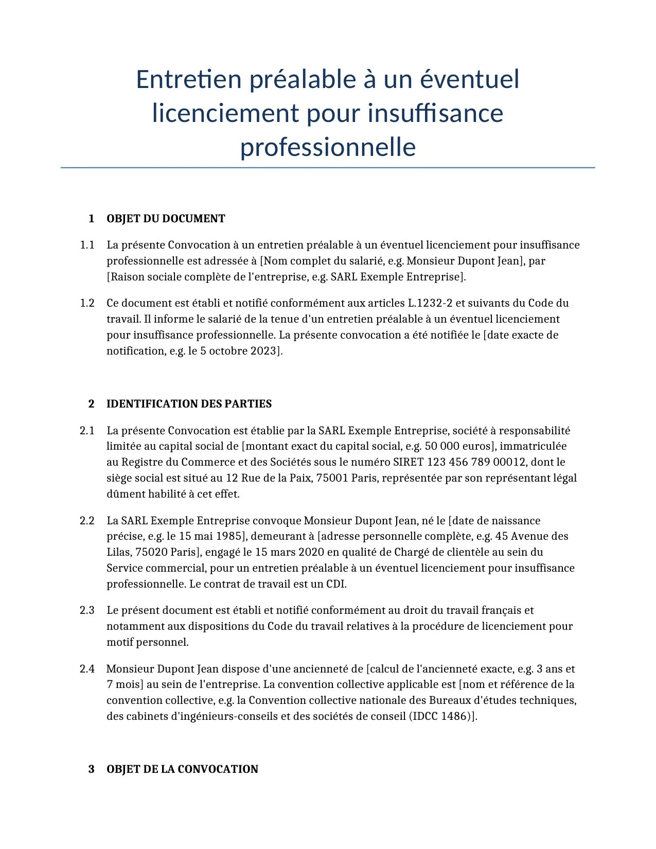 Exemple d'un Entretien préalable à un éventuel licenciement pour insuffisance professionnelle à utiliser dans la France généré par notre modèle d'IA.